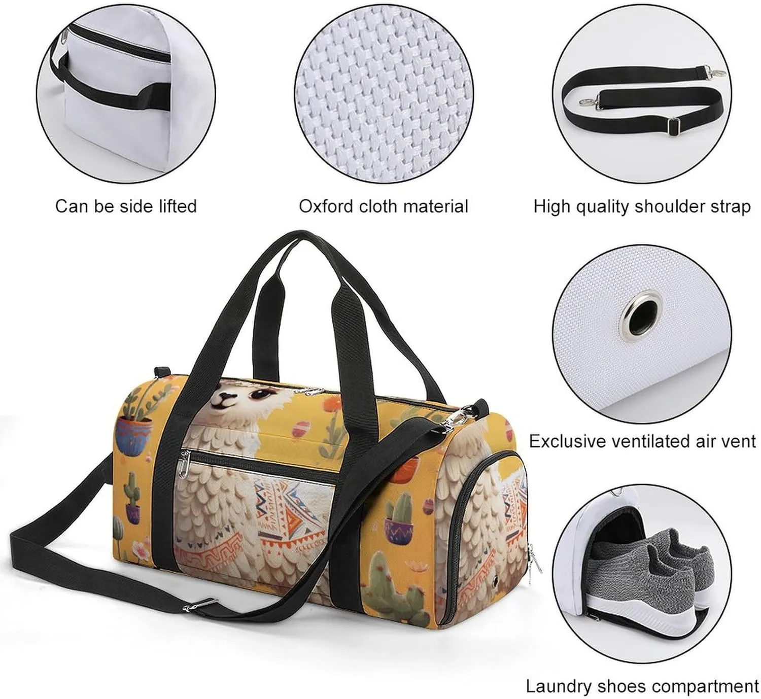 Gym Bag Cartoon Alpaca Duffel Bag for Men Women Overnight Bag with Shoe Compartment Workout Bags