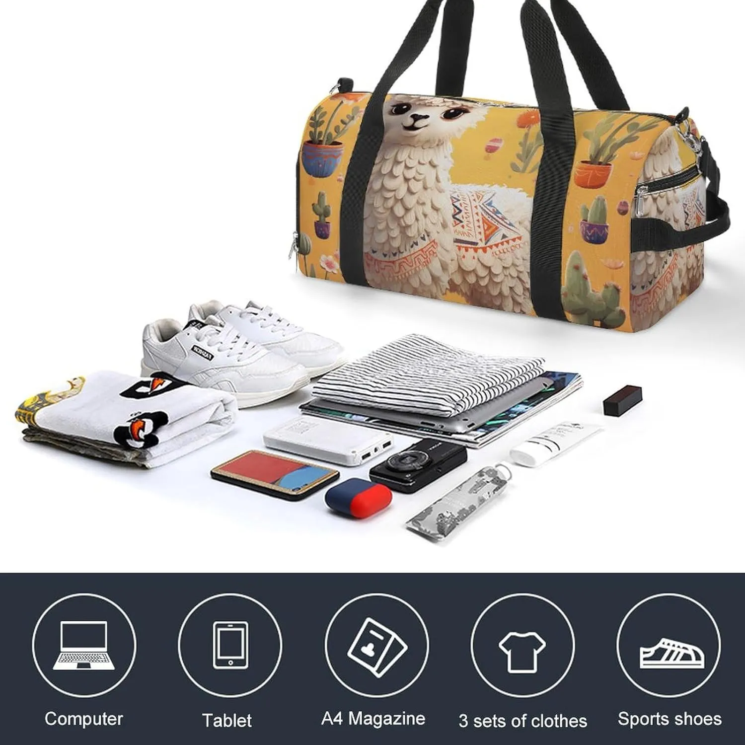 Gym Bag Cartoon Alpaca Duffel Bag for Men Women Overnight Bag with Shoe Compartment Workout Bags