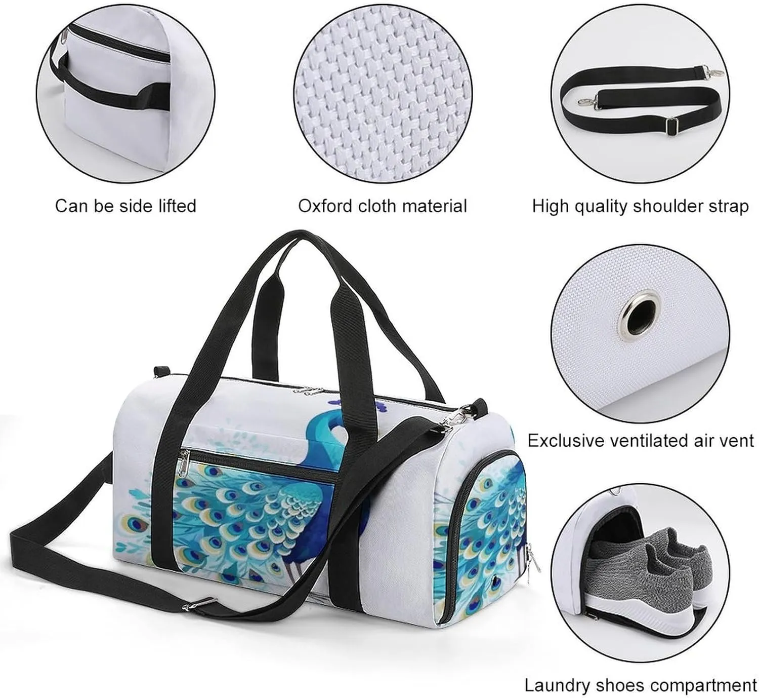 Gym Bag Cartoon Blue Peacock Duffel Bag for Men Women Overnight Bag with Shoe Compartment Workout Bags