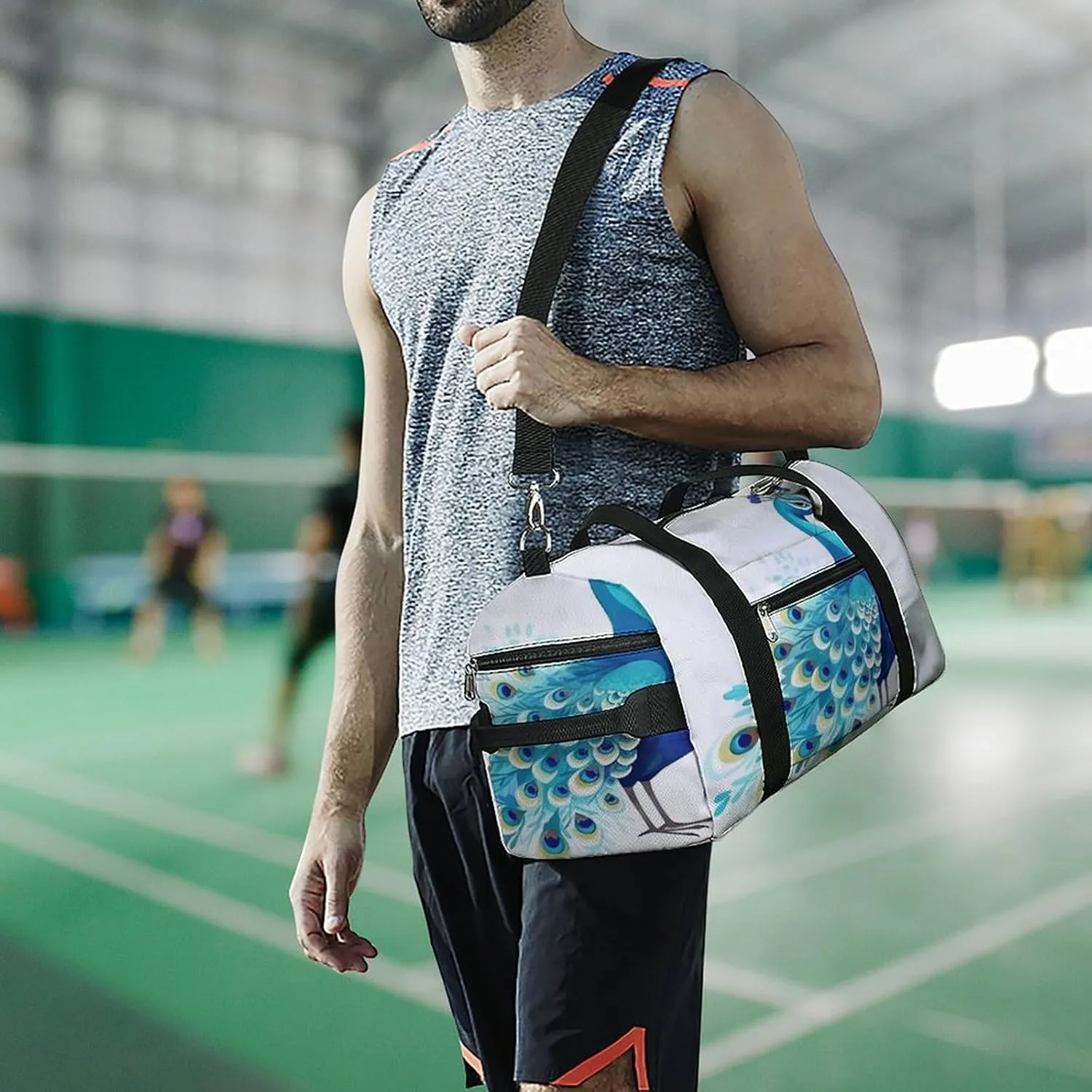 Gym Bag Cartoon Blue Peacock Duffel Bag for Men Women Overnight Bag with Shoe Compartment Workout Bags