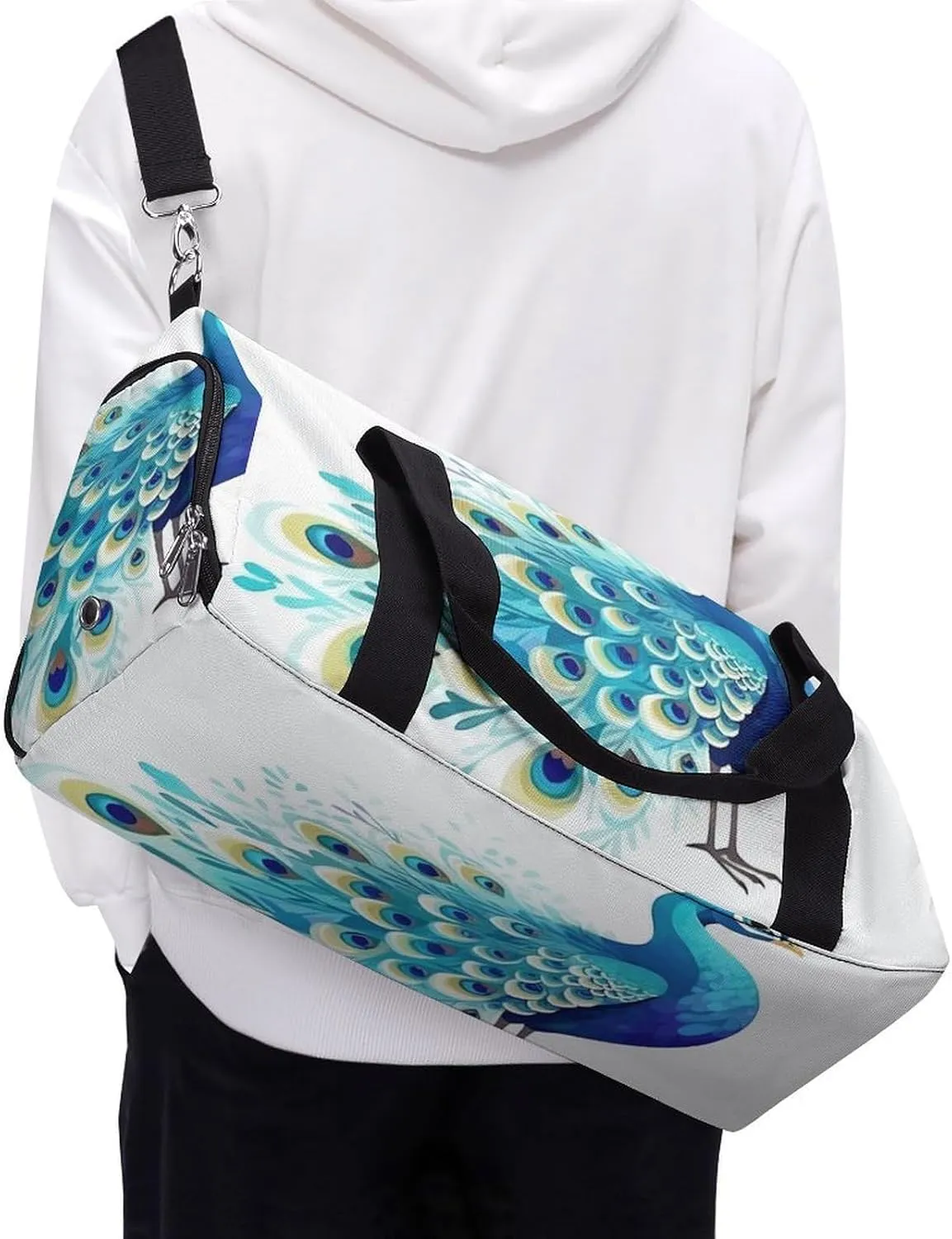 Gym Bag Cartoon Blue Peacock Duffel Bag for Men Women Overnight Bag with Shoe Compartment Workout Bags