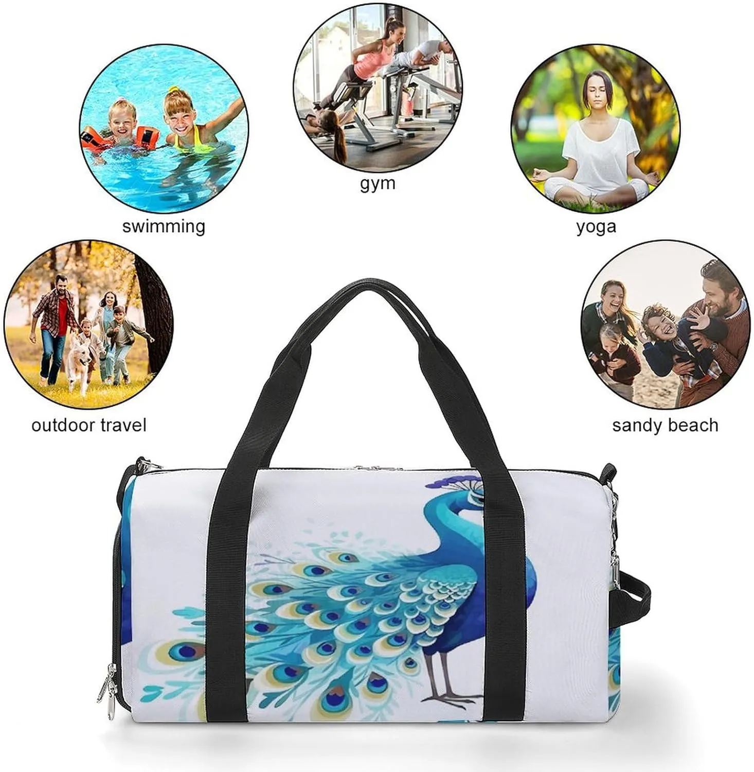 Gym Bag Cartoon Blue Peacock Duffel Bag for Men Women Overnight Bag with Shoe Compartment Workout Bags