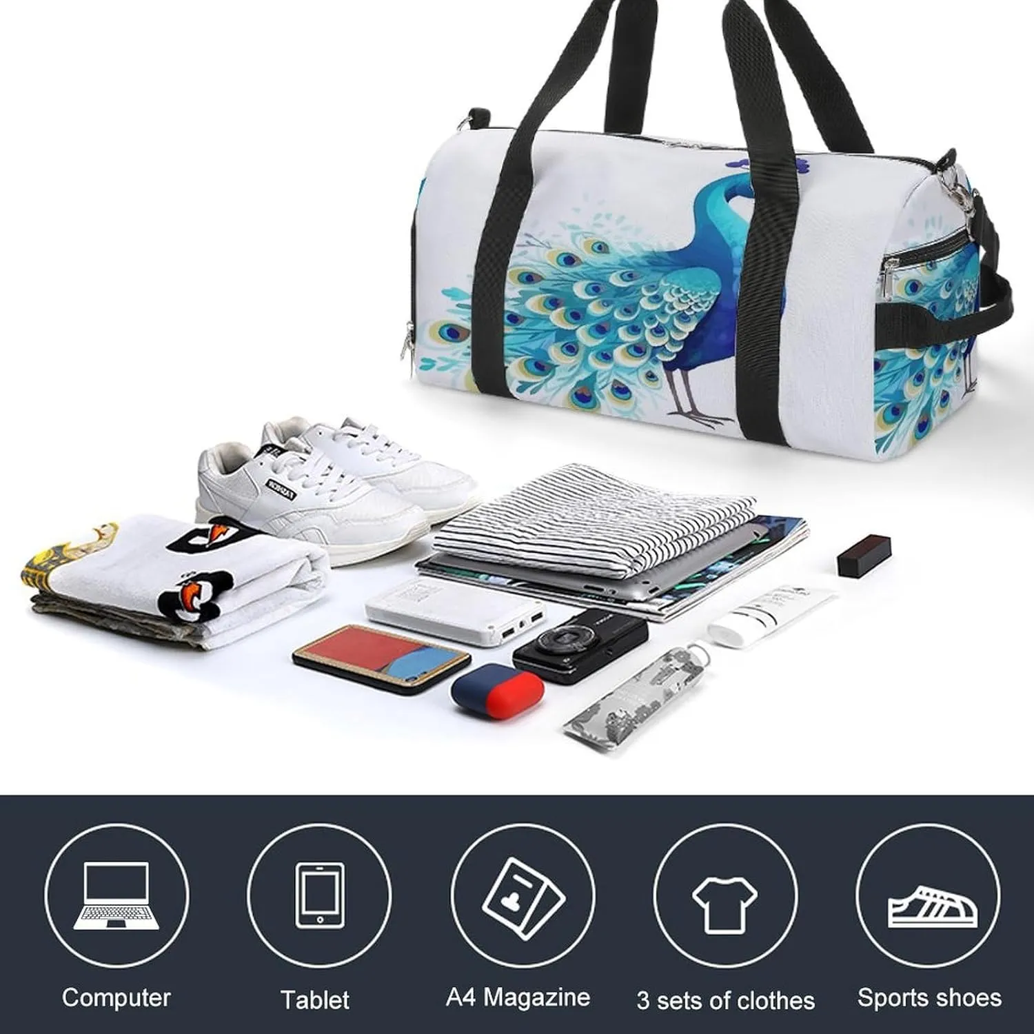 Gym Bag Cartoon Blue Peacock Duffel Bag for Men Women Overnight Bag with Shoe Compartment Workout Bags