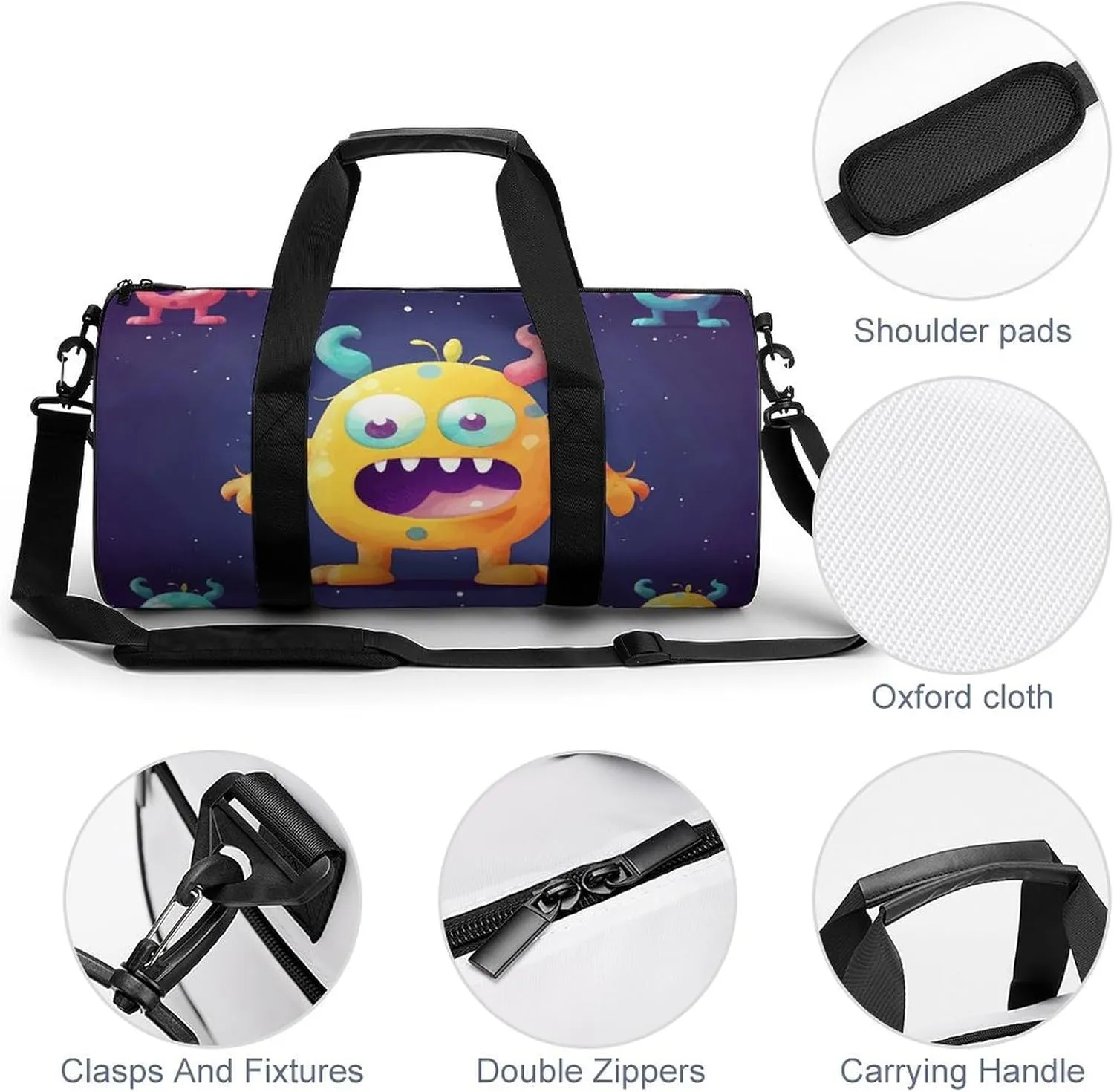 Gym Bag Cartoon Colorful Monster Duffel Bag for Men Women Overnight Bag with Shoe Compartment Workout Bags