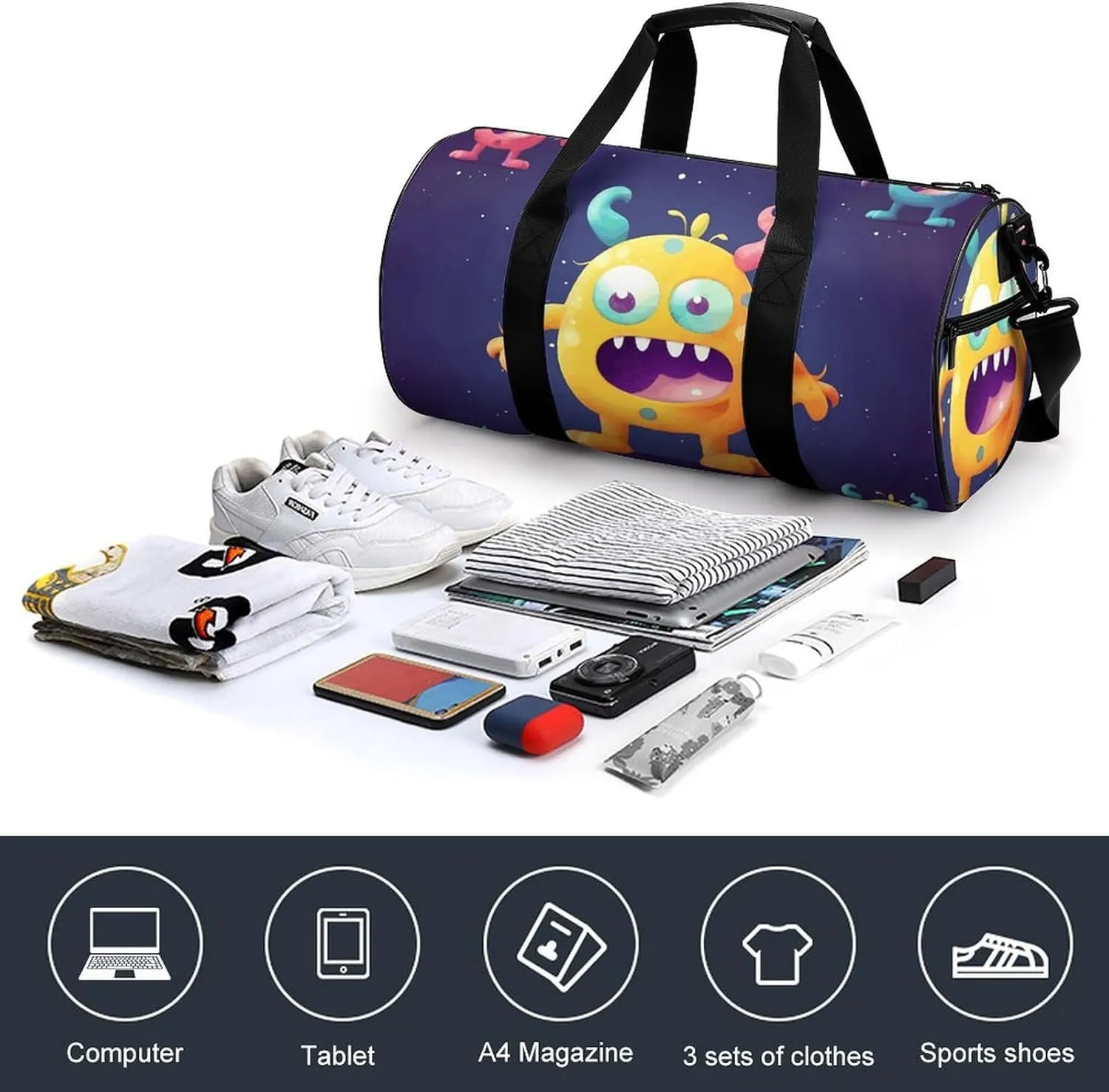 Gym Bag Cartoon Colorful Monster Duffel Bag for Men Women Overnight Bag with Shoe Compartment Workout Bags