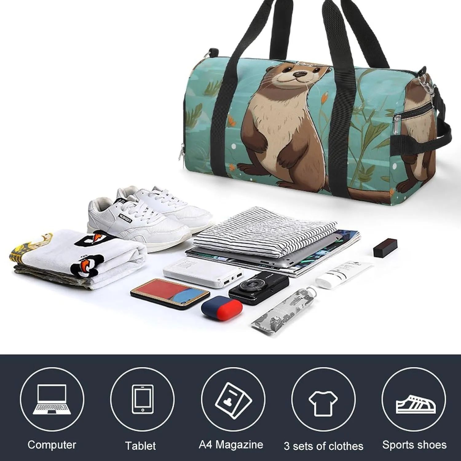 Gym Bag Cartoon Cute Otter Duffel Bag for Men Women Overnight Bag with Shoe Compartment Workout Bags