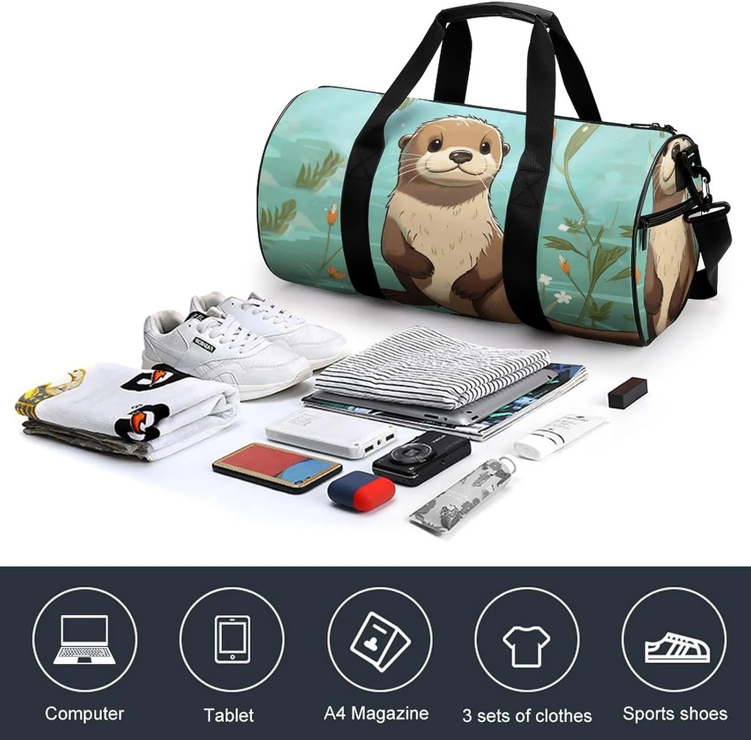 Gym Bag Cartoon Cute Otter Duffel Bag for Men Women Overnight Bag with Shoe Compartment Workout Bags