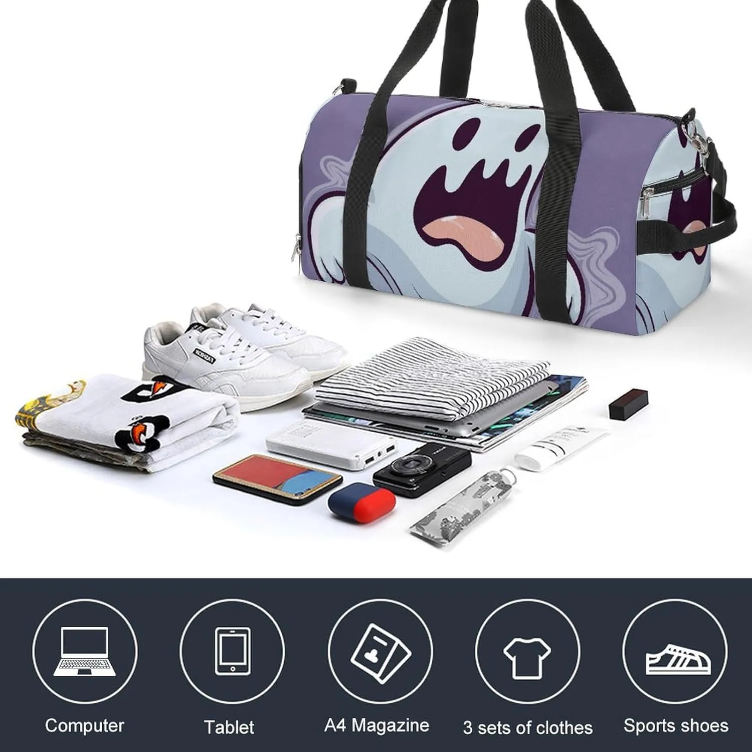Gym Bag Cartoon Ghost Duffel Bag for Men Women Overnight Bag with Shoe Compartment Workout Bags