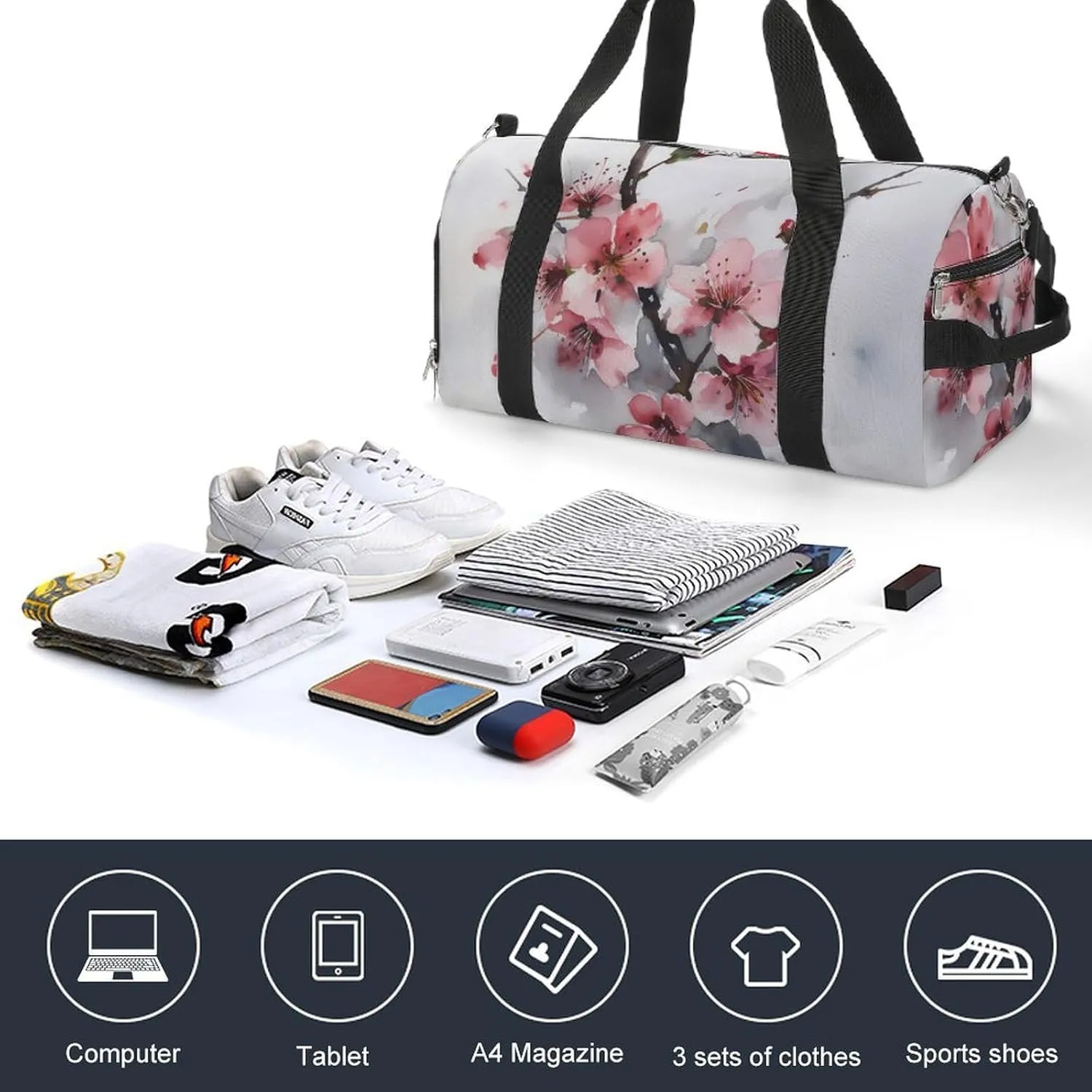 Gym Bag Cherry Blossom Watercolor Duffel Bag for Men Women Overnight Bag with Shoe Compartment Workout Bags