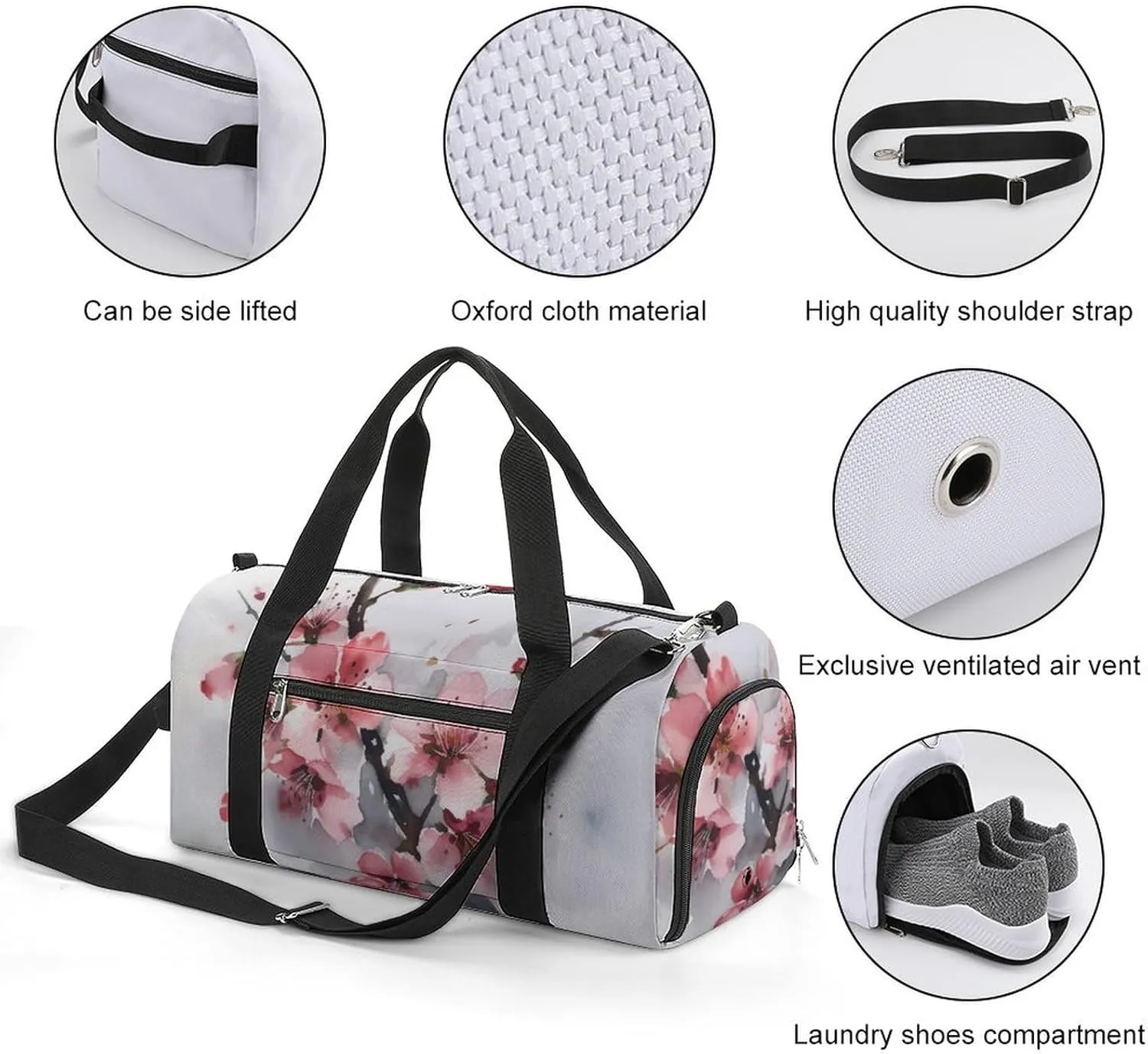 Gym Bag Cherry Blossom Watercolor Duffel Bag for Men Women Overnight Bag with Shoe Compartment Workout Bags