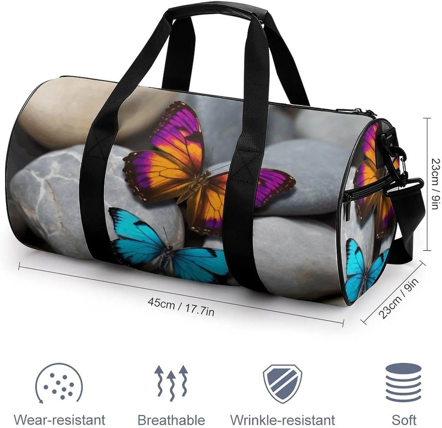 Gym Bag Colorful Butterfly Stone Duffel Bag for Men Women Overnight Bag with Shoe Compartment Workout Bags