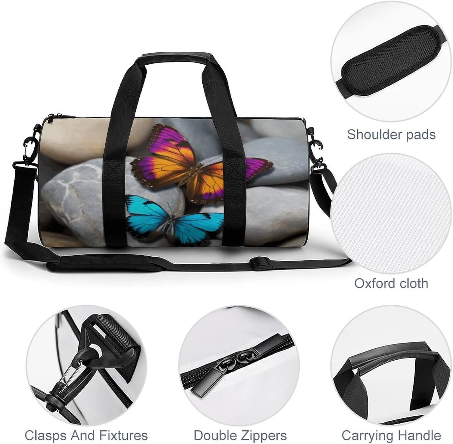Gym Bag Colorful Butterfly Stone Duffel Bag for Men Women Overnight Bag with Shoe Compartment Workout Bags