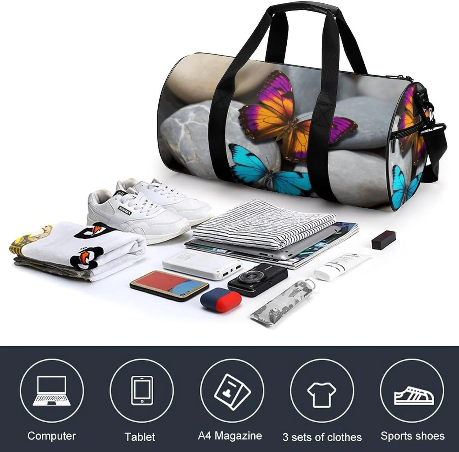 Gym Bag Colorful Butterfly Stone Duffel Bag for Men Women Overnight Bag with Shoe Compartment Workout Bags