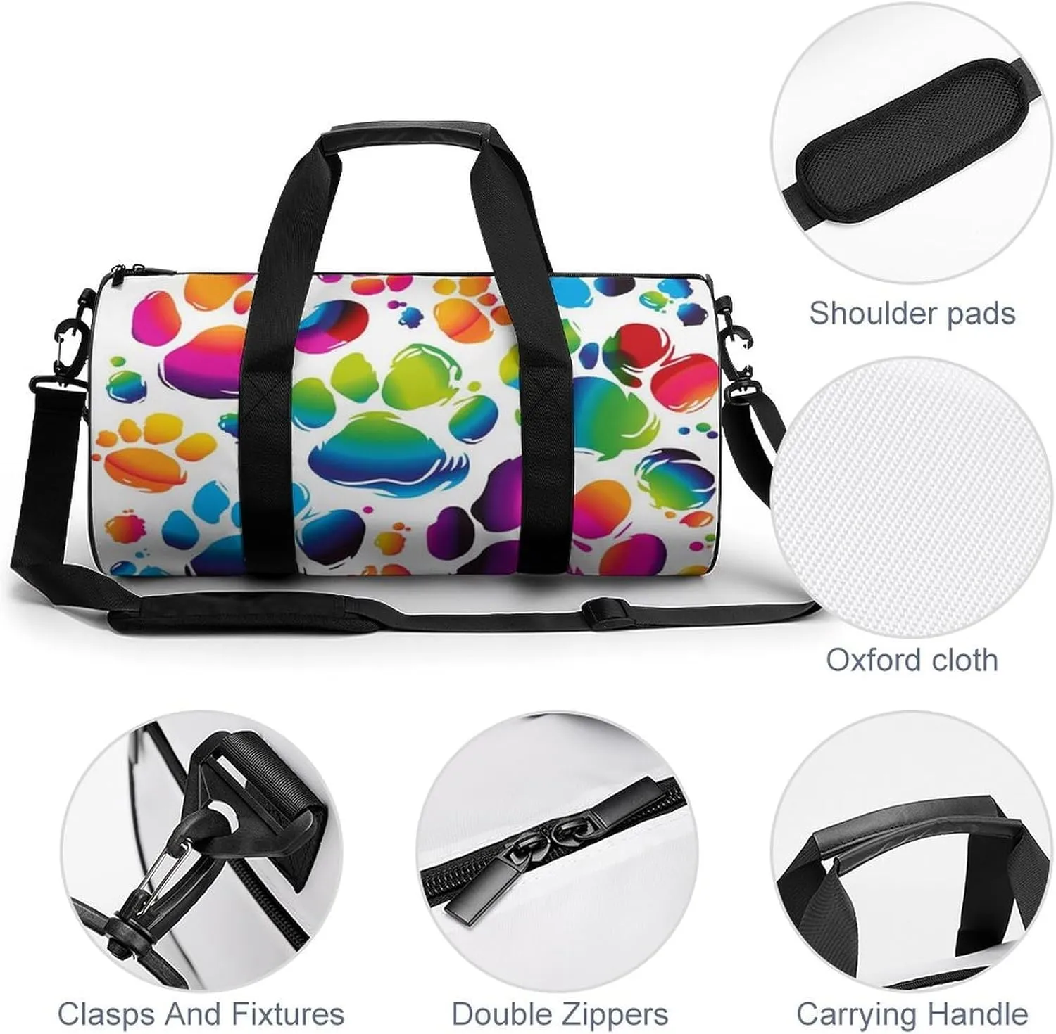 Gym Bag Colorful Dog Paw Print Duffel Bag for Men Women Overnight Bag with Shoe Compartment Workout Bags