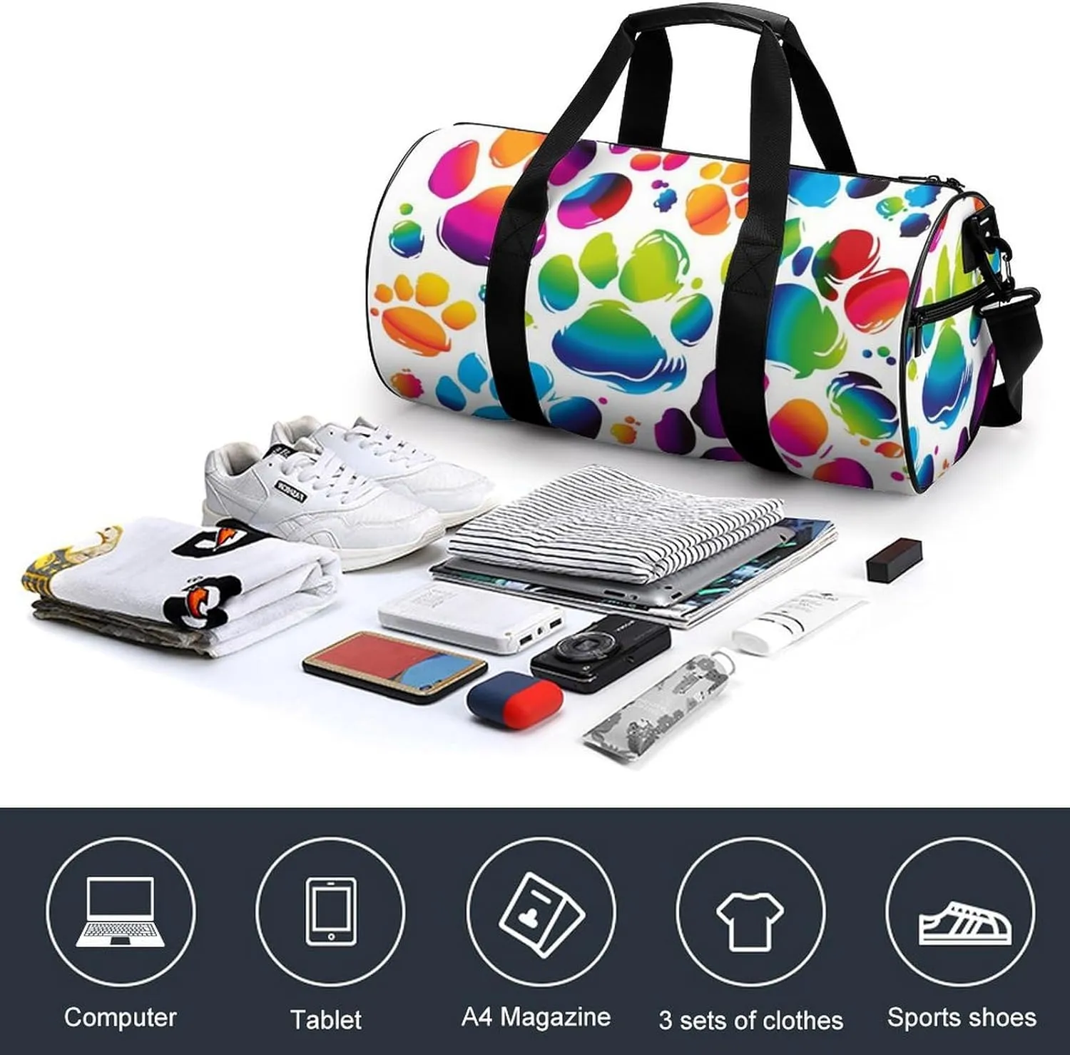 Gym Bag Colorful Dog Paw Print Duffel Bag for Men Women Overnight Bag with Shoe Compartment Workout Bags