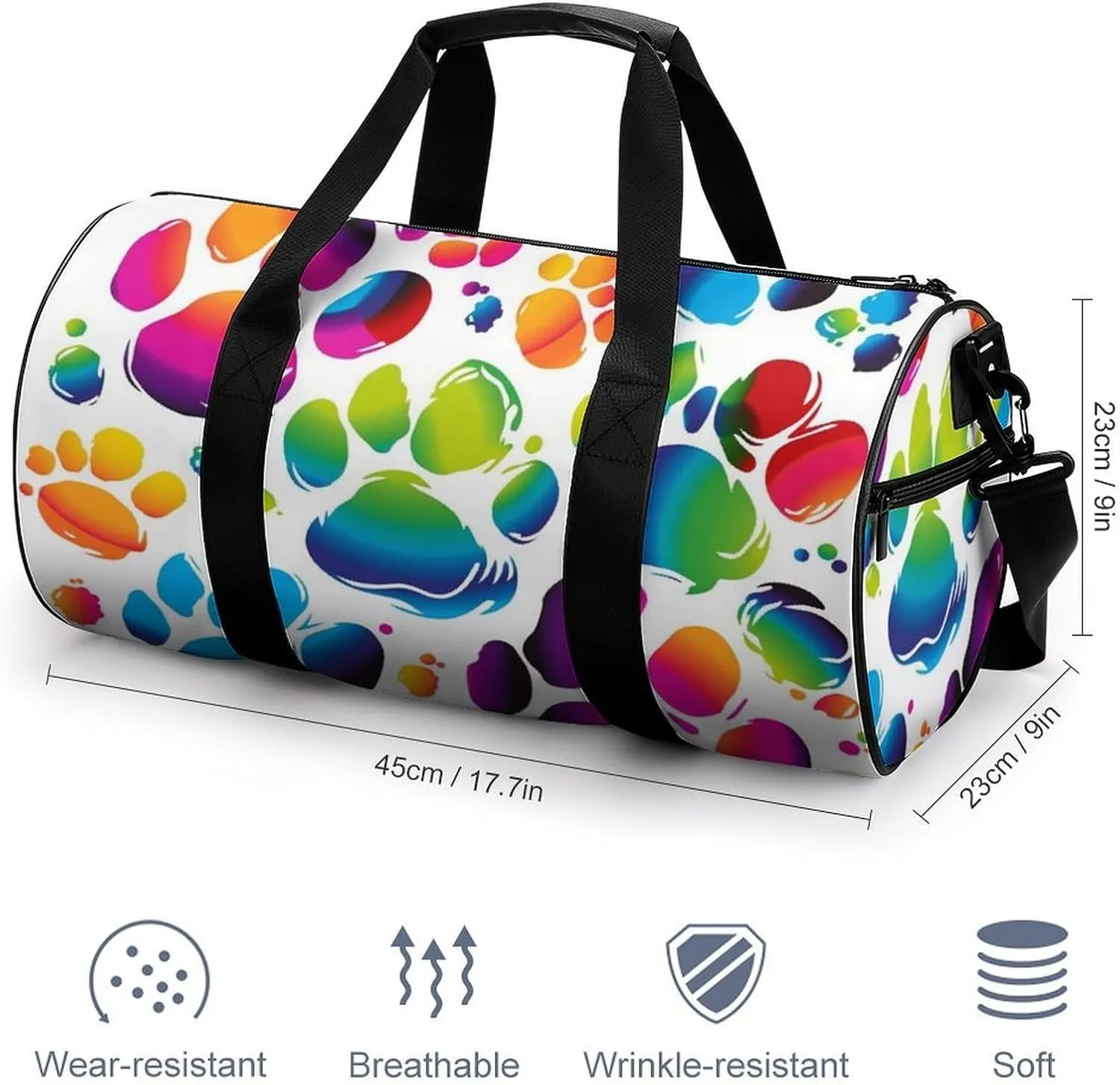 Gym Bag Colorful Dog Paw Print Duffel Bag for Men Women Overnight Bag with Shoe Compartment Workout Bags