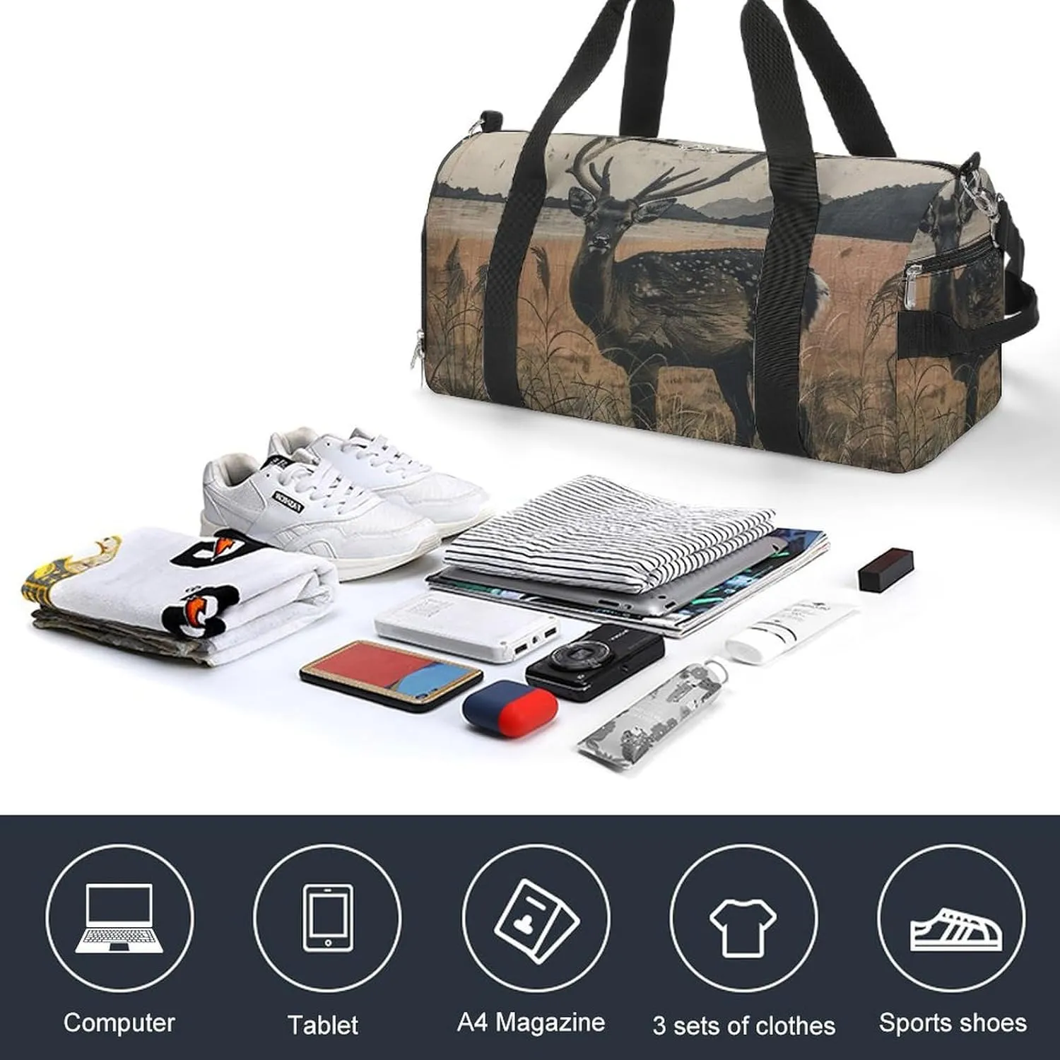 Gym Bag Deer on The Island Duffel Bag for Men Women Overnight Bag with Shoe Compartment Workout Bags