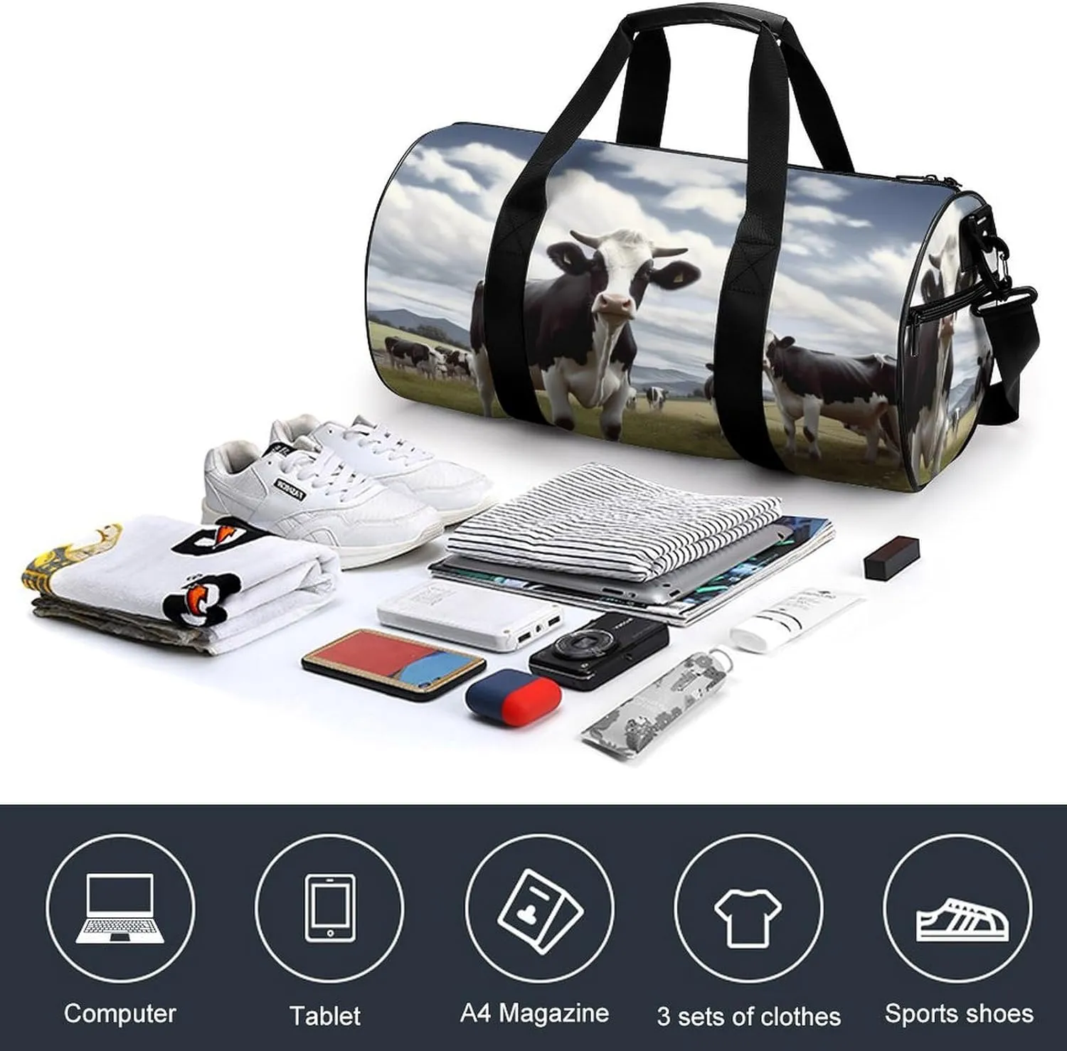 Gym Bag Farm Cow Pictures Duffel Bag for Men Women Overnight Bag with Shoe Compartment Workout Bags