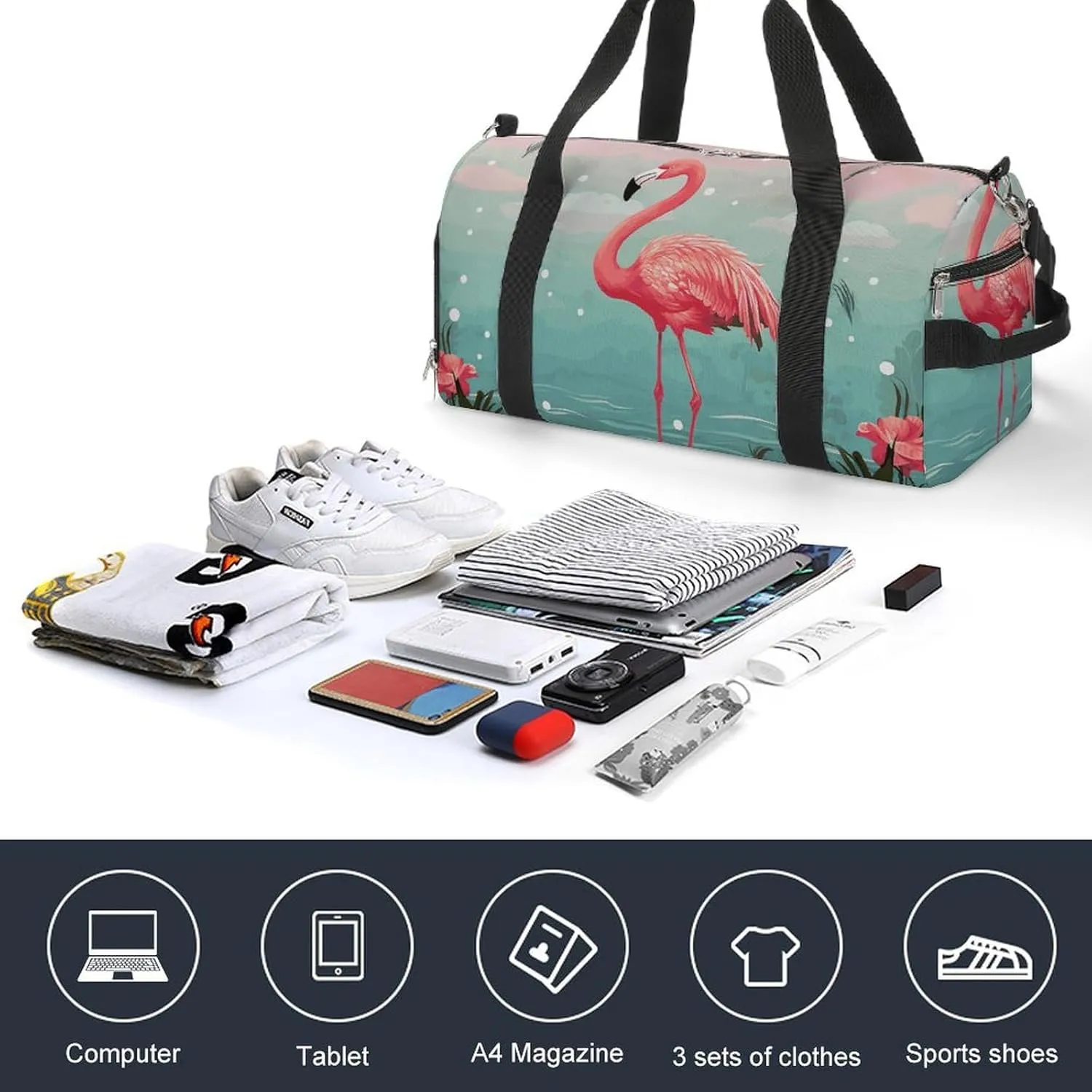 Gym Bag Flamingos Duffel Bag for Men Women Overnight Bag with Shoe Compartment Workout Bags