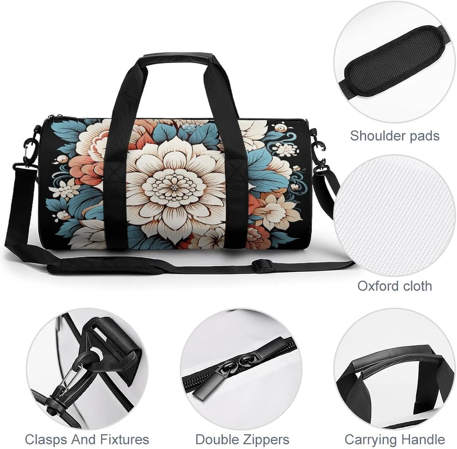 Gym Bag Floral Print Duffel Bag for Men Women Overnight Bag with Shoe Compartment Workout Bags