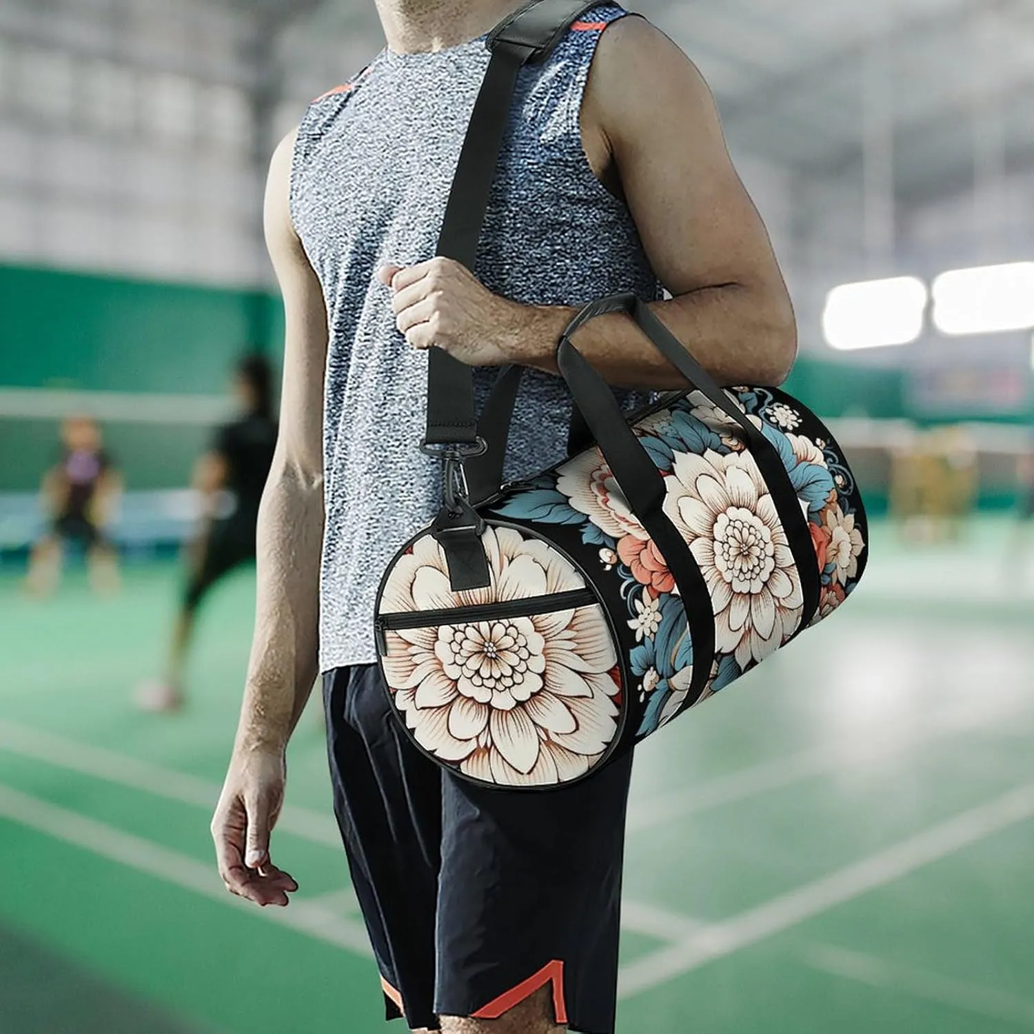 Gym Bag Floral Print Duffel Bag for Men Women Overnight Bag with Shoe Compartment Workout Bags