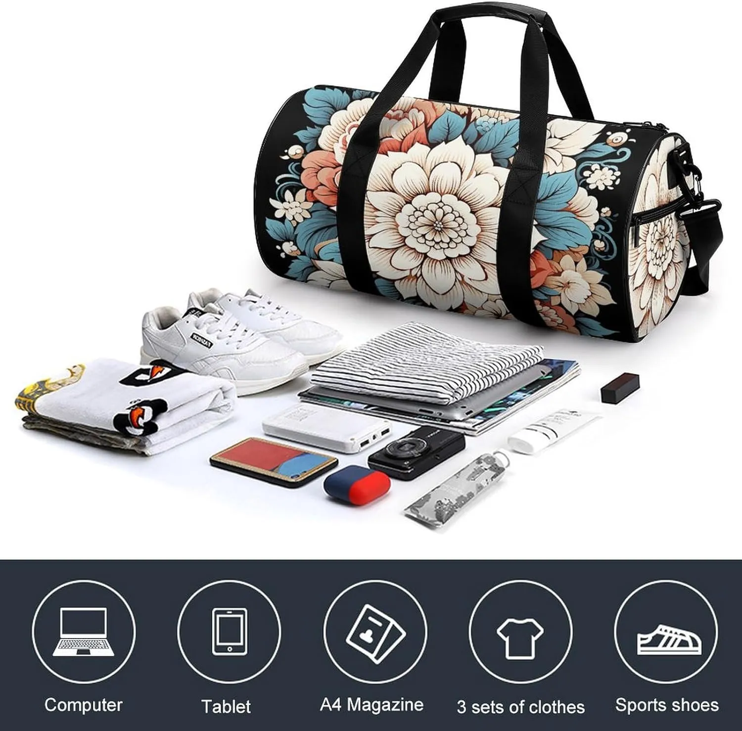 Gym Bag Floral Print Duffel Bag for Men Women Overnight Bag with Shoe Compartment Workout Bags