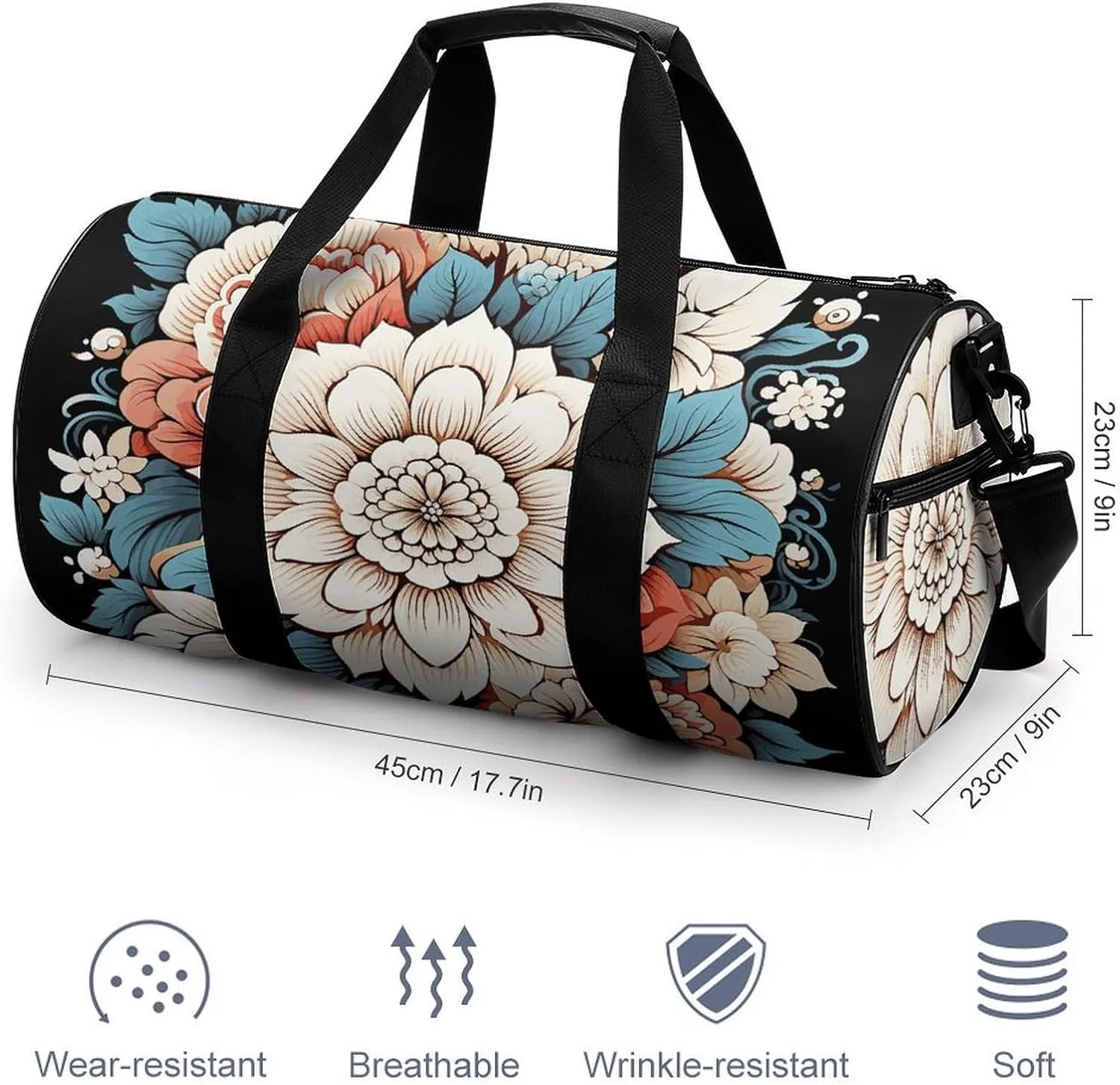 Gym Bag Floral Print Duffel Bag for Men Women Overnight Bag with Shoe Compartment Workout Bags