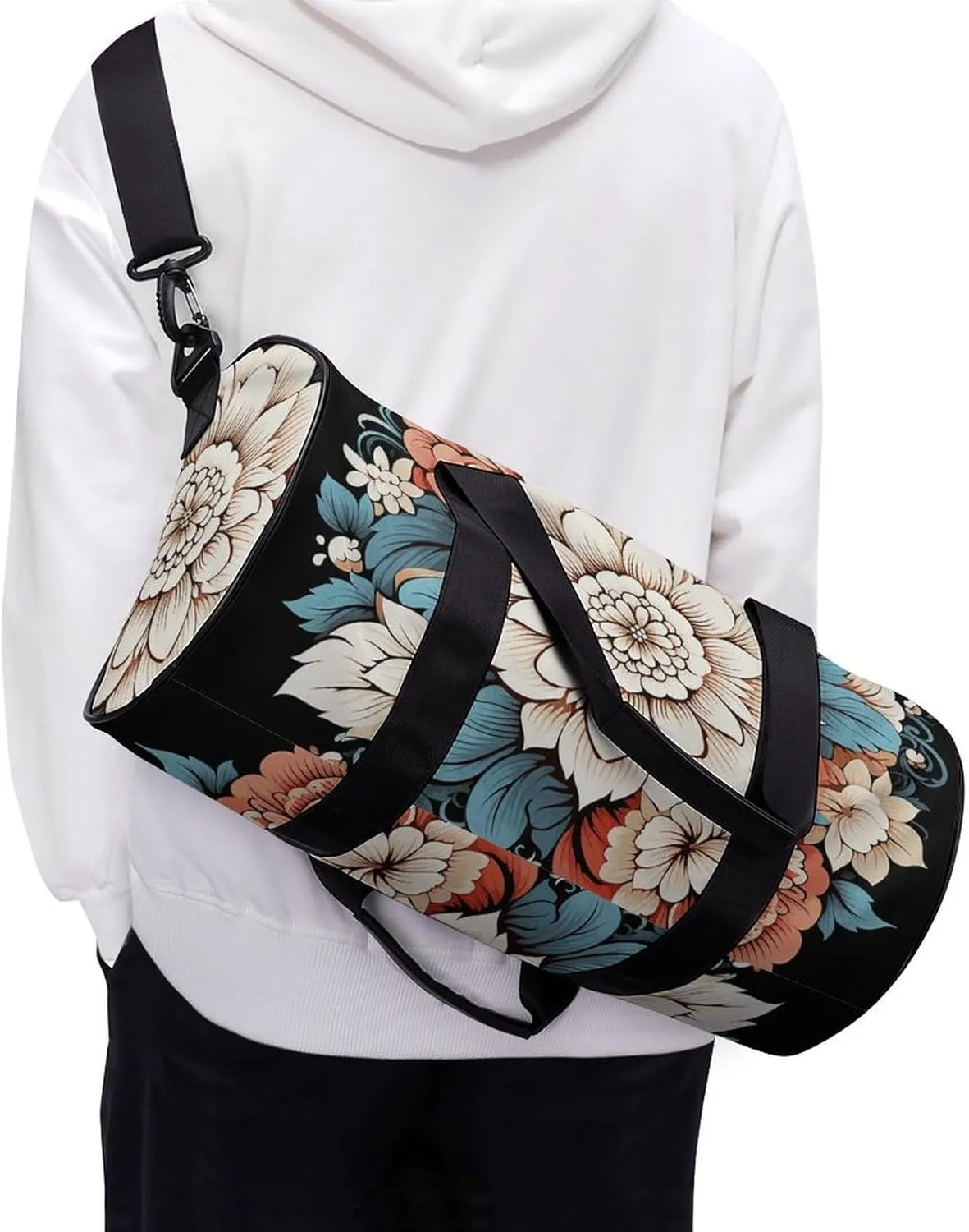 Gym Bag Floral Print Duffel Bag for Men Women Overnight Bag with Shoe Compartment Workout Bags