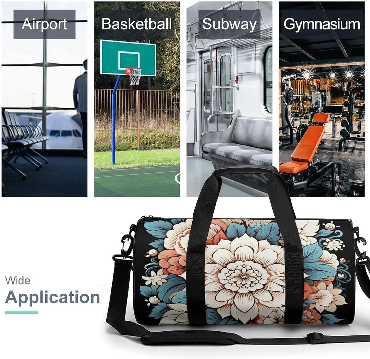 Gym Bag Floral Print Duffel Bag for Men Women Overnight Bag with Shoe Compartment Workout Bags