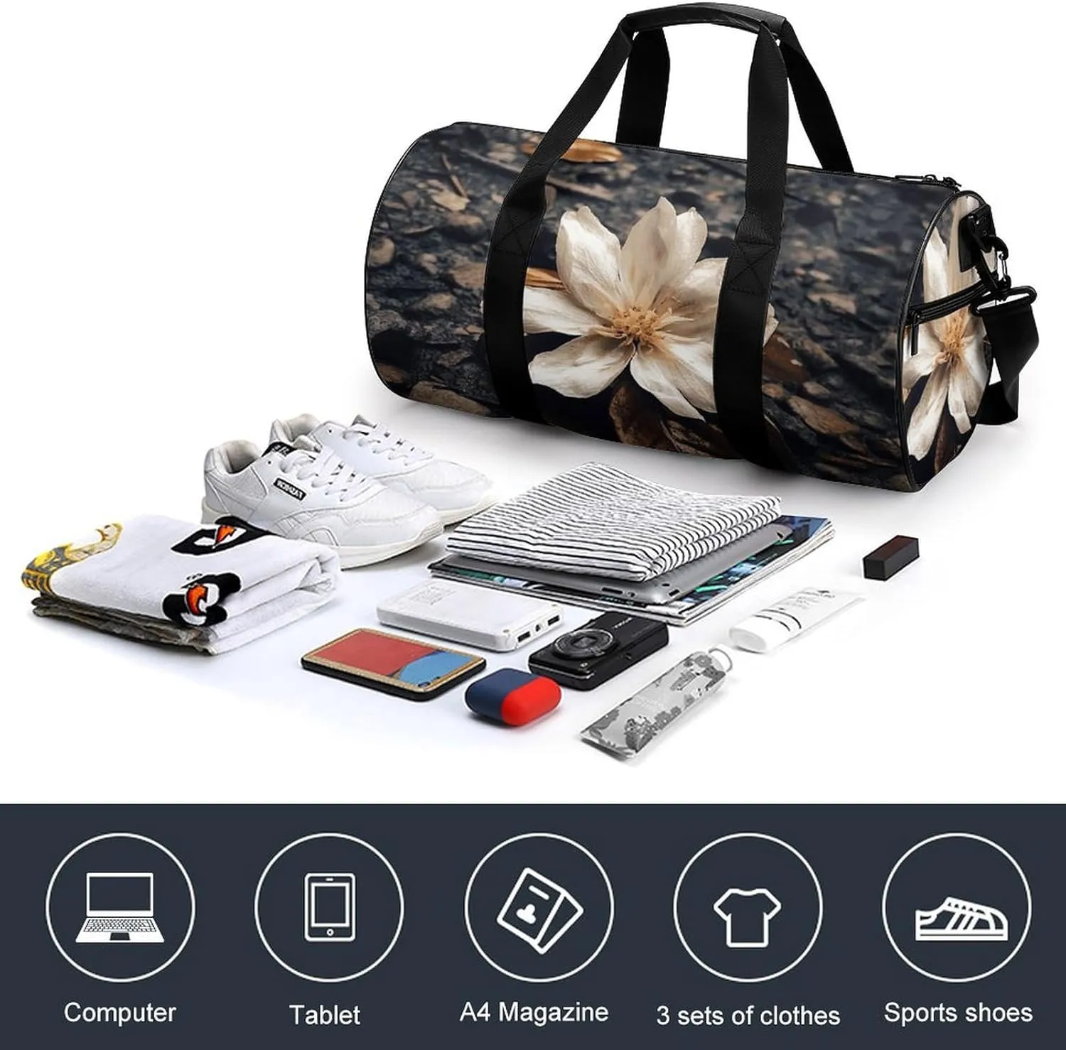 Gym Bag Flowers Falling on The Ground Duffel Bag for Men Women Overnight Bag with Shoe Compartment Workout Bags