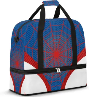 Gym Bag for Men Women, Carry on Travel Duffel Bag with Trolley Sleeve, Blue Spider Web Waterproof Weekender Overnight Bags with Shoes and Wet Clothes Compartment for Sleepover Workout Sports