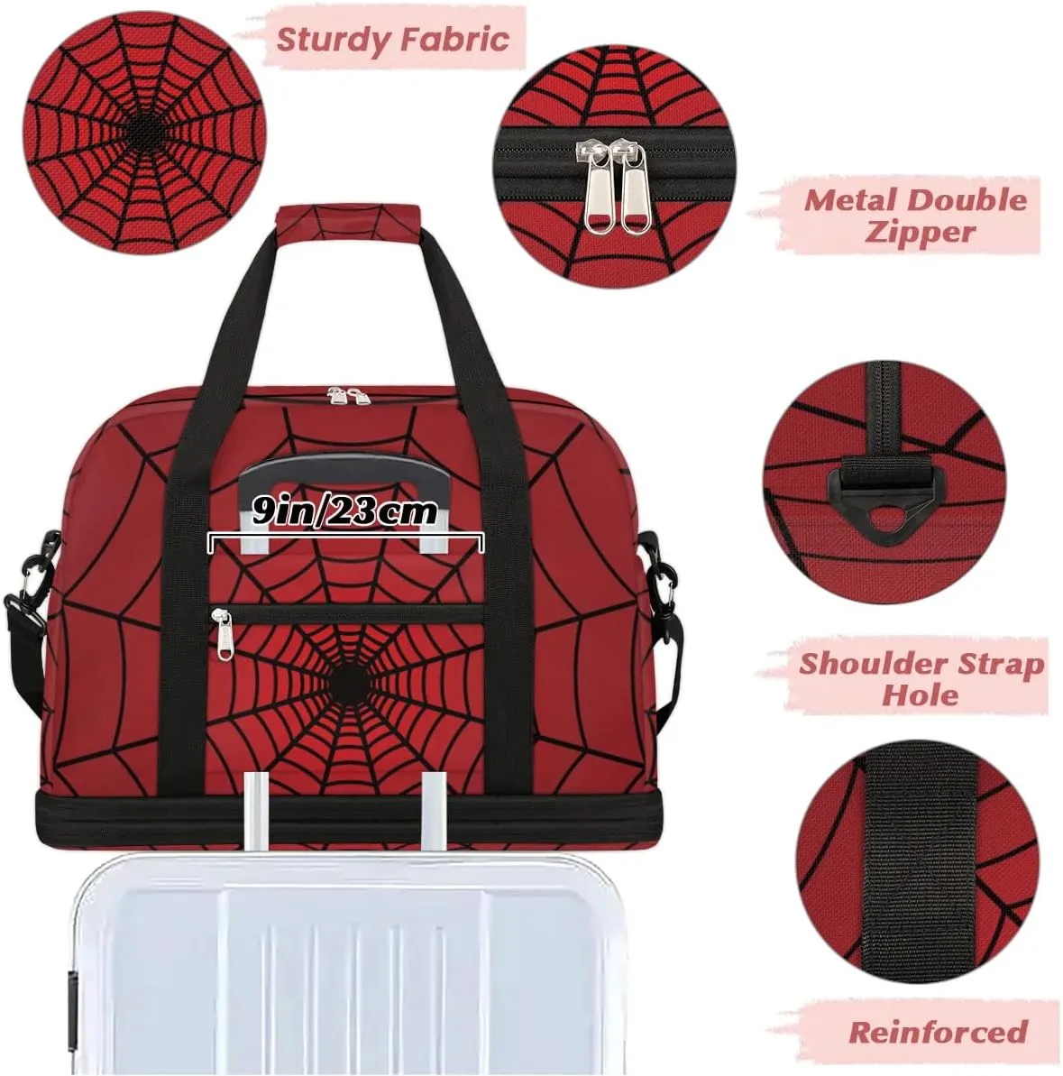 Gym Bag for Men Women, Carry on Travel Duffel Bag with Trolley Sleeve, Red Spider Web Waterproof Weekender Overnight Bags with Shoes and Wet Clothes Compartment for Sleepover Workout Sports