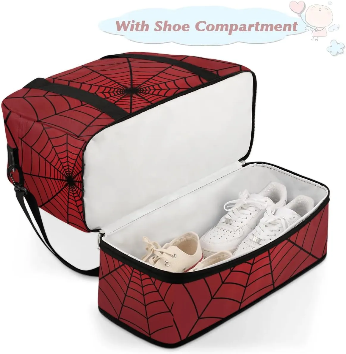 Gym Bag for Men Women, Carry on Travel Duffel Bag with Trolley Sleeve, Red Spider Web Waterproof Weekender Overnight Bags with Shoes and Wet Clothes Compartment for Sleepover Workout Sports