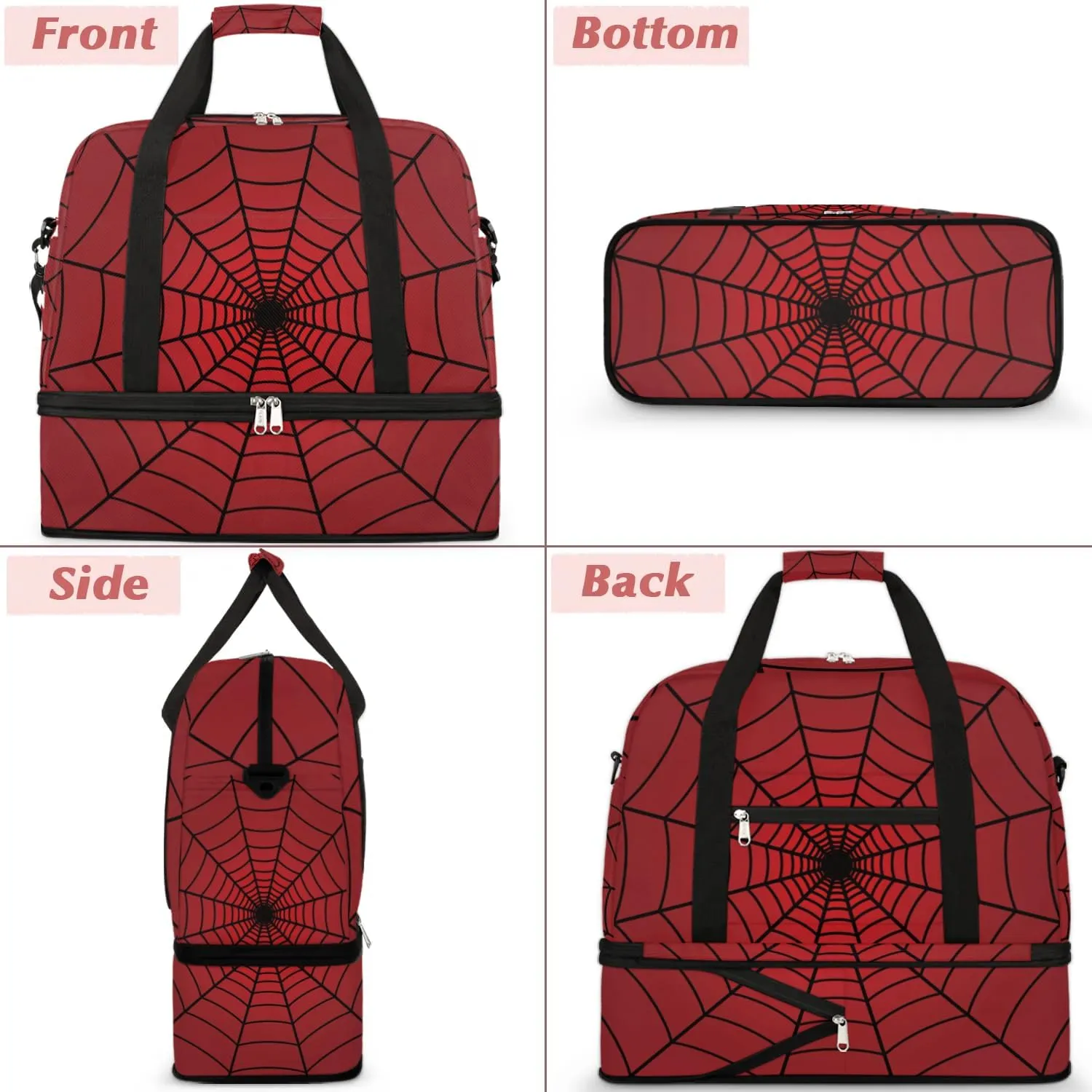 Gym Bag for Men Women, Carry on Travel Duffel Bag with Trolley Sleeve, Red Spider Web Waterproof Weekender Overnight Bags with Shoes and Wet Clothes Compartment for Sleepover Workout Sports