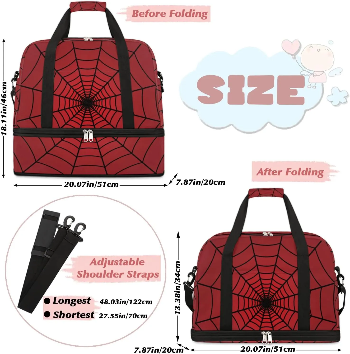 Gym Bag for Men Women, Carry on Travel Duffel Bag with Trolley Sleeve, Red Spider Web Waterproof Weekender Overnight Bags with Shoes and Wet Clothes Compartment for Sleepover Workout Sports