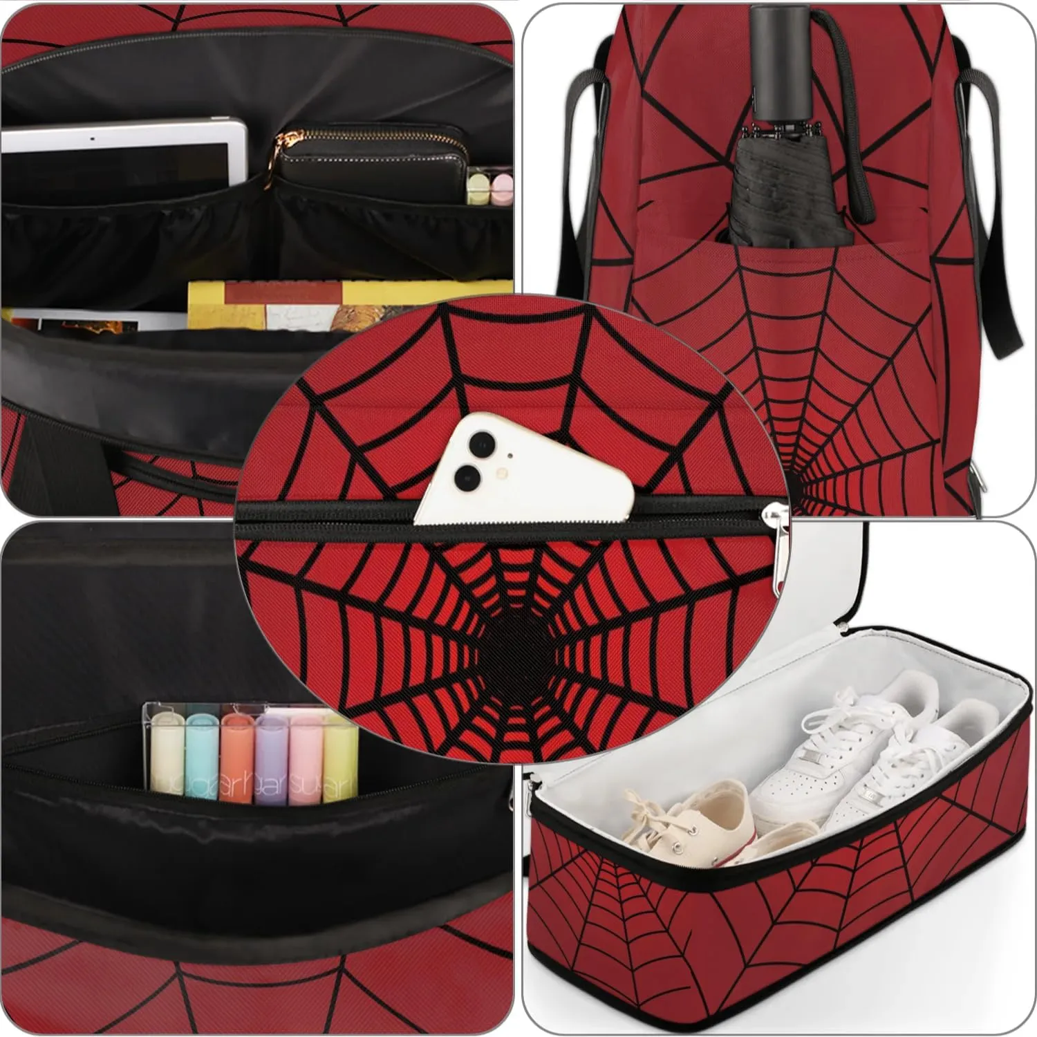 Gym Bag for Men Women, Carry on Travel Duffel Bag with Trolley Sleeve, Red Spider Web Waterproof Weekender Overnight Bags with Shoes and Wet Clothes Compartment for Sleepover Workout Sports