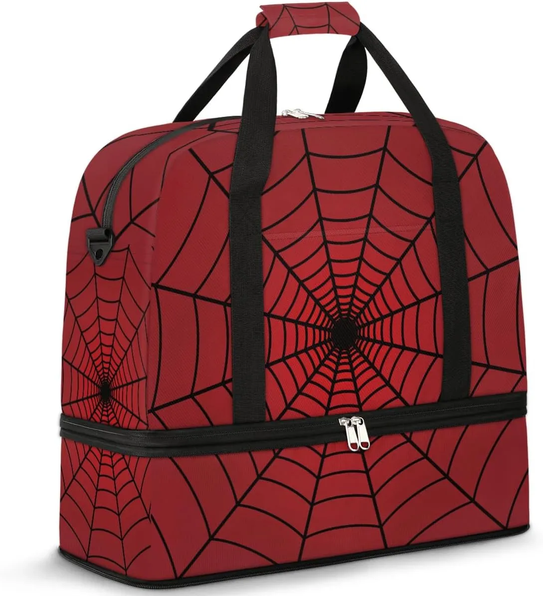Gym Bag for Men Women, Carry on Travel Duffel Bag with Trolley Sleeve, Red Spider Web Waterproof Weekender Overnight Bags with Shoes and Wet Clothes Compartment for Sleepover Workout Sports