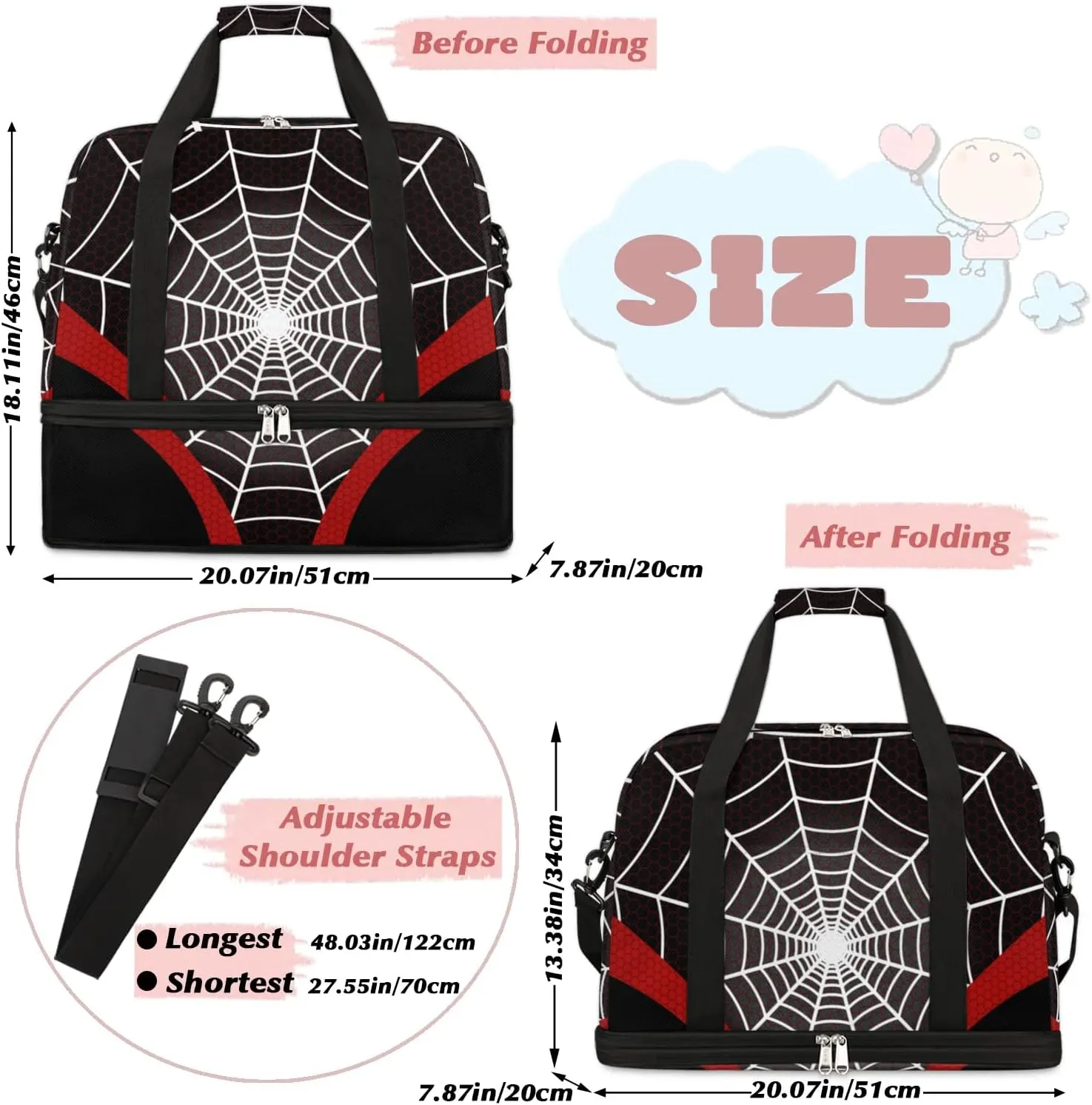 Gym Bag for Men Women, Carry on Travel Duffel Bag with Trolley Sleeve, Waterproof Weekender Overnight Bags with Shoes and Wet Clothes Compartment for Sleepover Workout Sports, Black Spider Web