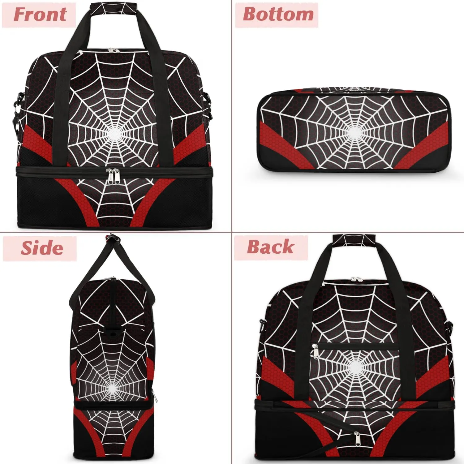 Gym Bag for Men Women, Carry on Travel Duffel Bag with Trolley Sleeve, Waterproof Weekender Overnight Bags with Shoes and Wet Clothes Compartment for Sleepover Workout Sports, Black Spider Web