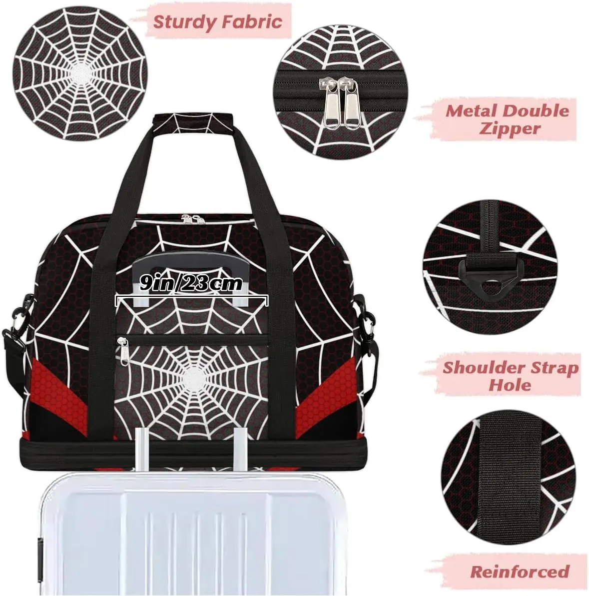 Gym Bag for Men Women, Carry on Travel Duffel Bag with Trolley Sleeve, Waterproof Weekender Overnight Bags with Shoes and Wet Clothes Compartment for Sleepover Workout Sports, Black Spider Web