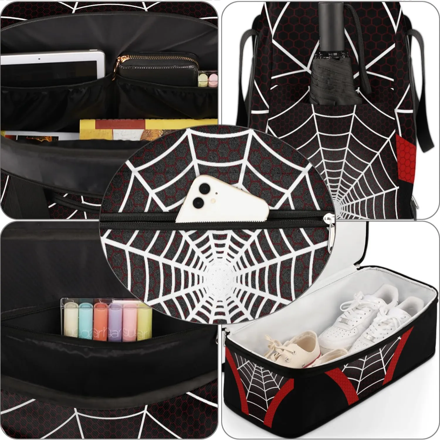 Gym Bag for Men Women, Carry on Travel Duffel Bag with Trolley Sleeve, Waterproof Weekender Overnight Bags with Shoes and Wet Clothes Compartment for Sleepover Workout Sports, Black Spider Web