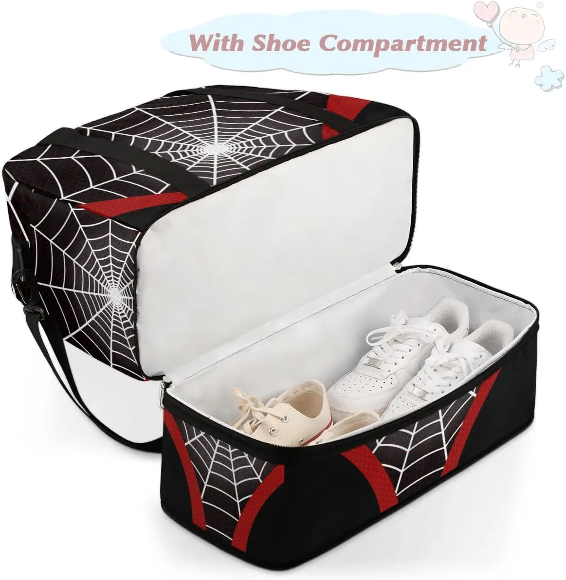 Gym Bag for Men Women, Carry on Travel Duffel Bag with Trolley Sleeve, Waterproof Weekender Overnight Bags with Shoes and Wet Clothes Compartment for Sleepover Workout Sports, Black Spider Web