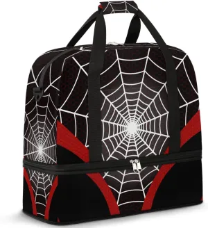 Gym Bag for Men Women, Carry on Travel Duffel Bag with Trolley Sleeve, Waterproof Weekender Overnight Bags with Shoes and Wet Clothes Compartment for Sleepover Workout Sports, Black Spider Web
