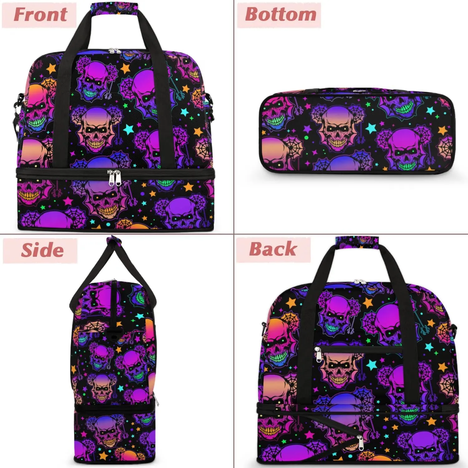 Gym Bag for Men Women, Halloween Skeleton Carry on Travel Duffel Bag with Trolley Sleeve, Waterproof Weekender Overnight Bags with Shoes and Wet Clothes Compartment for Sleepover Workout Sports
