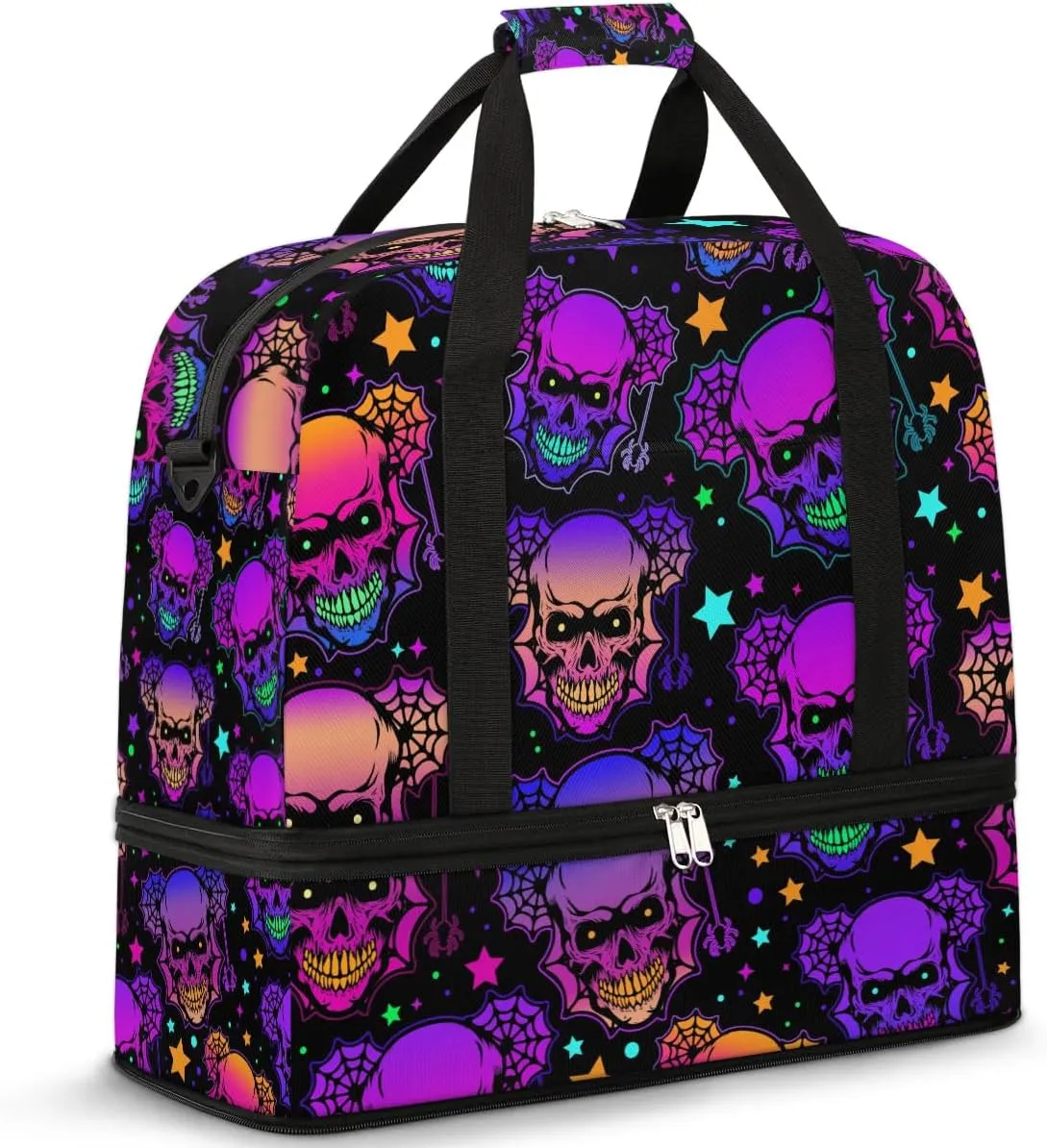 Gym Bag for Men Women, Halloween Skeleton Carry on Travel Duffel Bag with Trolley Sleeve, Waterproof Weekender Overnight Bags with Shoes and Wet Clothes Compartment for Sleepover Workout Sports