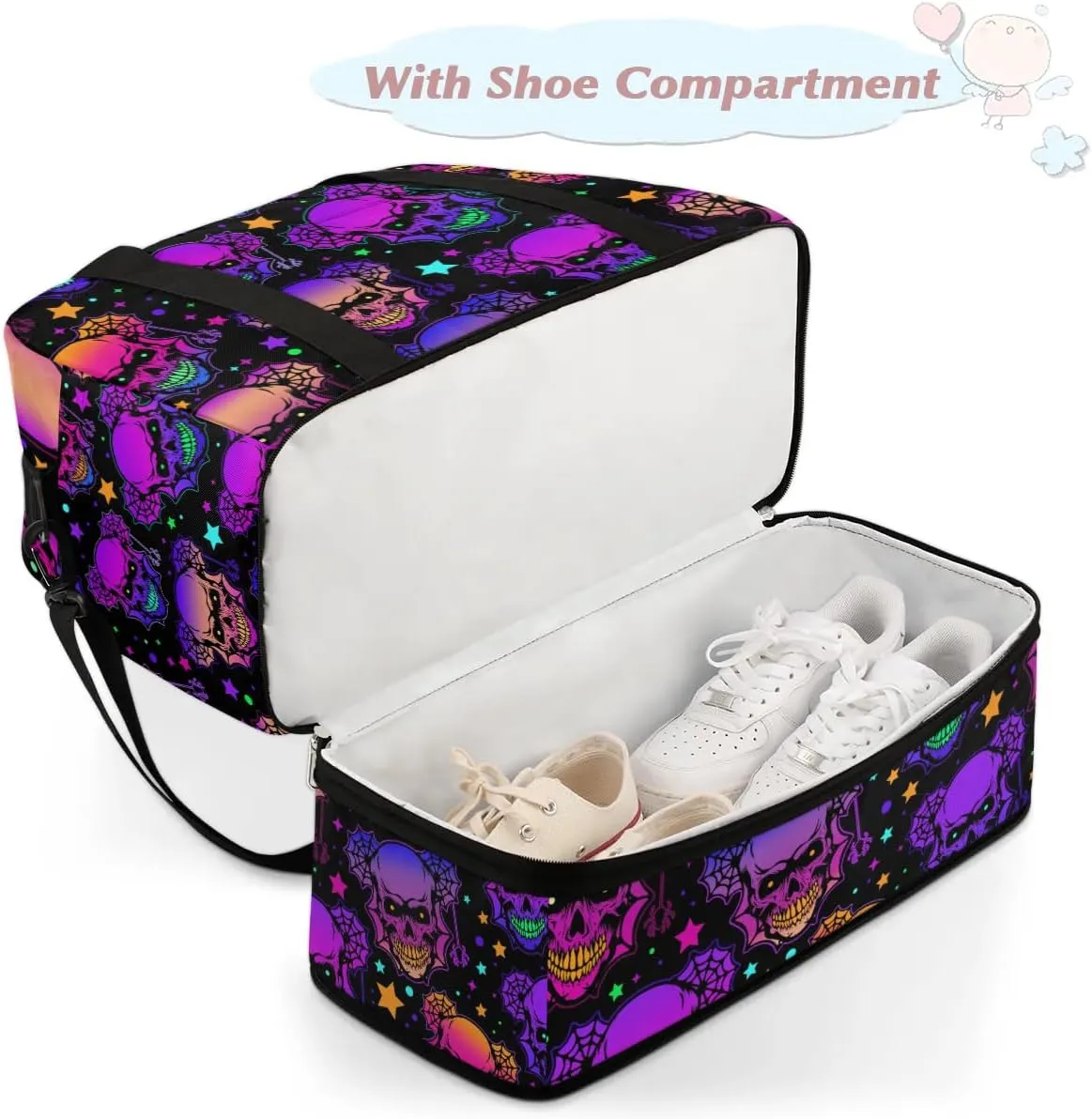 Gym Bag for Men Women, Halloween Skeleton Carry on Travel Duffel Bag with Trolley Sleeve, Waterproof Weekender Overnight Bags with Shoes and Wet Clothes Compartment for Sleepover Workout Sports
