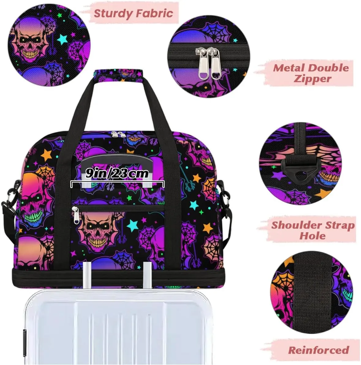 Gym Bag for Men Women, Halloween Skeleton Carry on Travel Duffel Bag with Trolley Sleeve, Waterproof Weekender Overnight Bags with Shoes and Wet Clothes Compartment for Sleepover Workout Sports