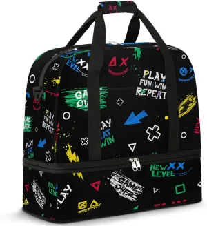 Gym Bag for Men Women, Play Eat Win Carry on Travel Duffel Bag with Trolley Sleeve, Waterproof Weekender Overnight Bags with Shoes and Wet Clothes Compartment for Sleepover Workout Sports