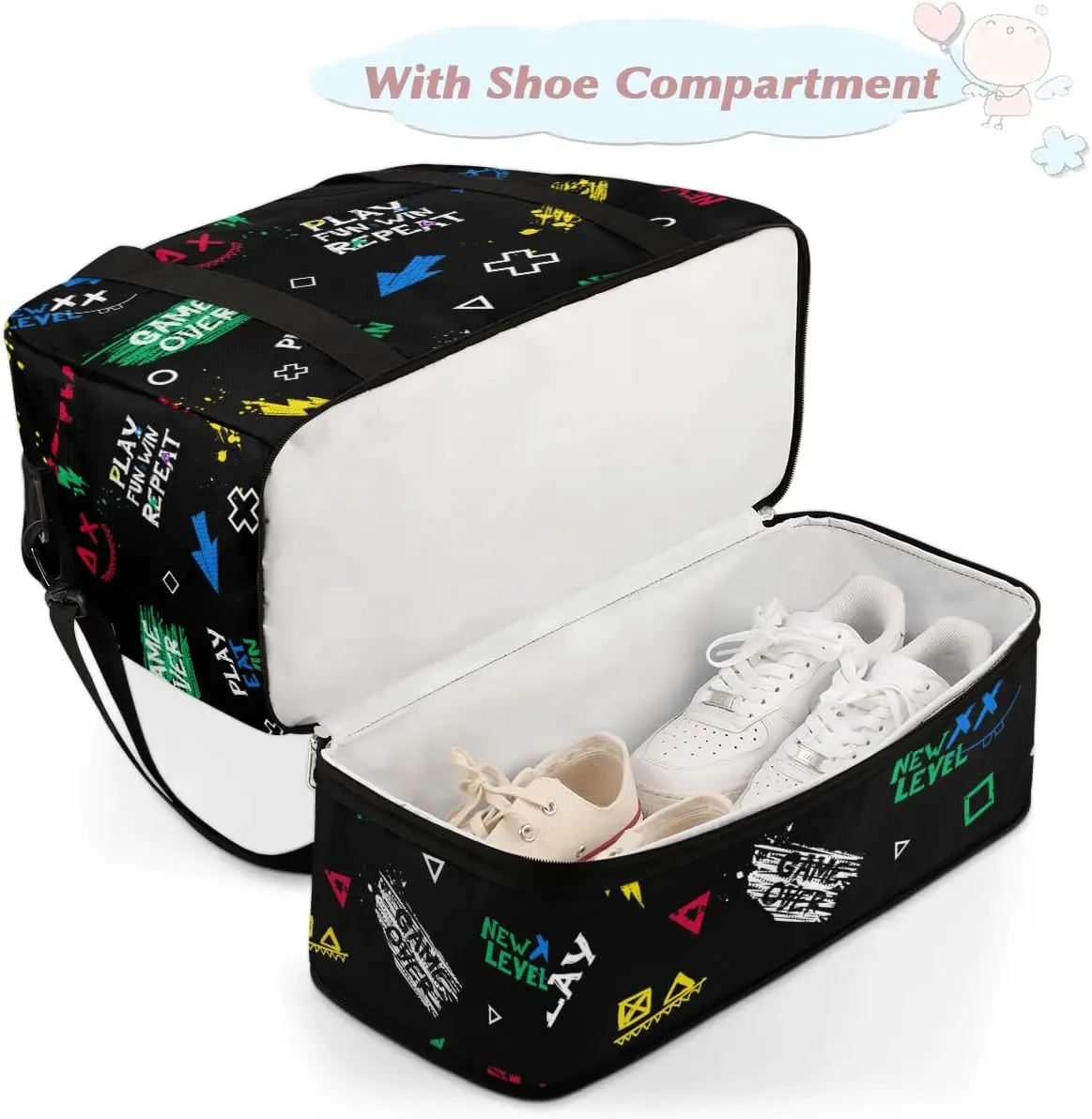 Gym Bag for Men Women, Play Eat Win Carry on Travel Duffel Bag with Trolley Sleeve, Waterproof Weekender Overnight Bags with Shoes and Wet Clothes Compartment for Sleepover Workout Sports