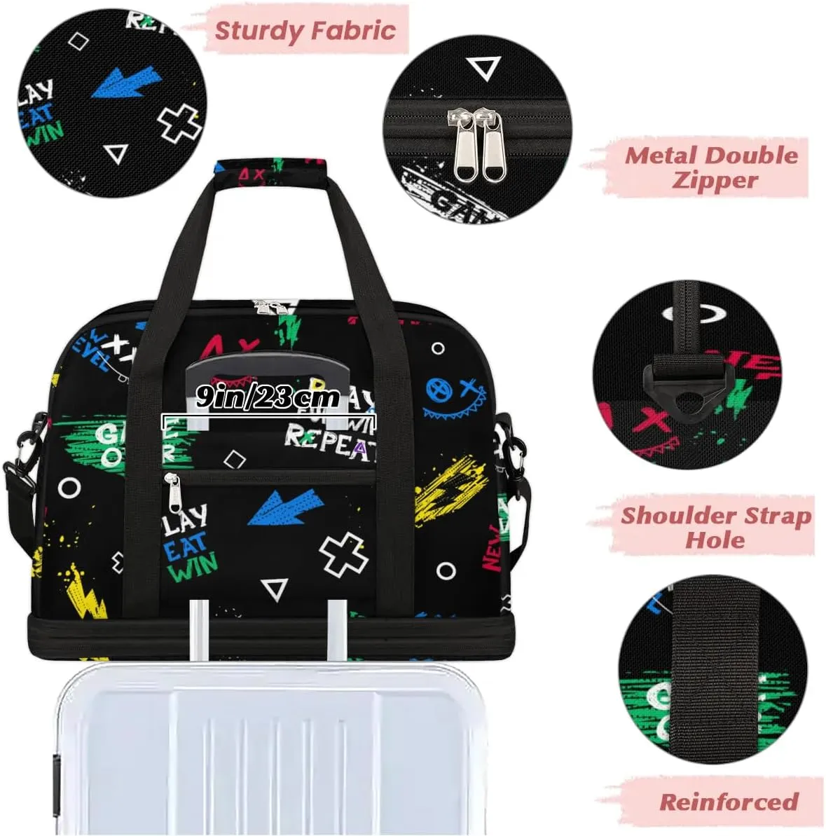 Gym Bag for Men Women, Play Eat Win Carry on Travel Duffel Bag with Trolley Sleeve, Waterproof Weekender Overnight Bags with Shoes and Wet Clothes Compartment for Sleepover Workout Sports